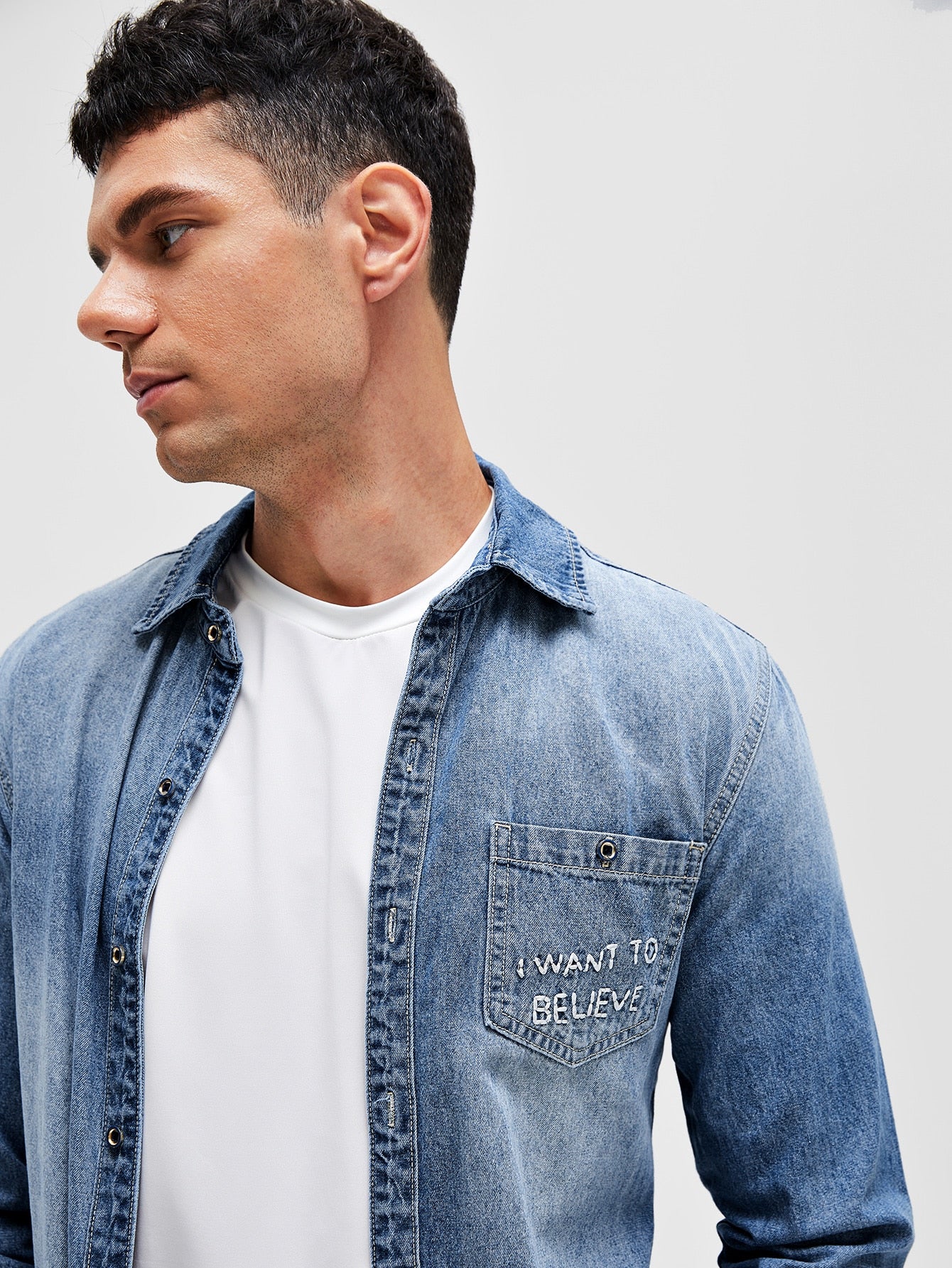 Men Letter Graphic Denim Shirt