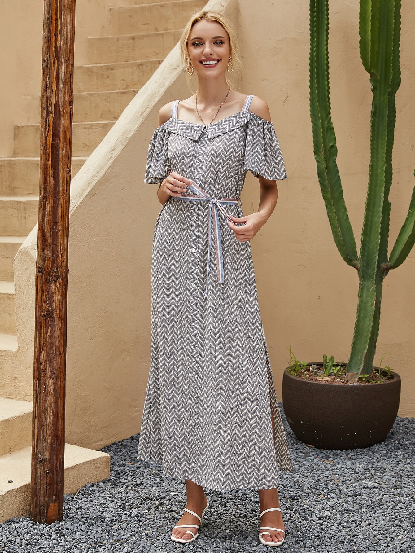 Split Side Cold Shoulder Chevron Belted Dress