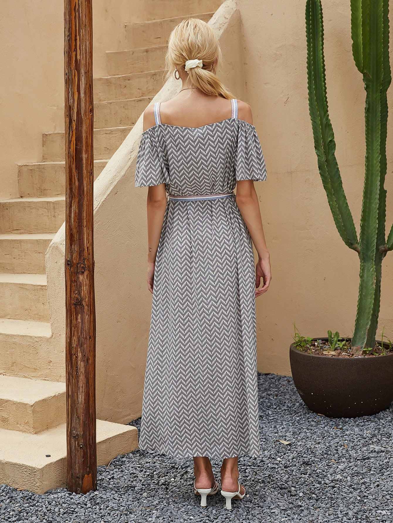 Split Side Cold Shoulder Chevron Belted Dress