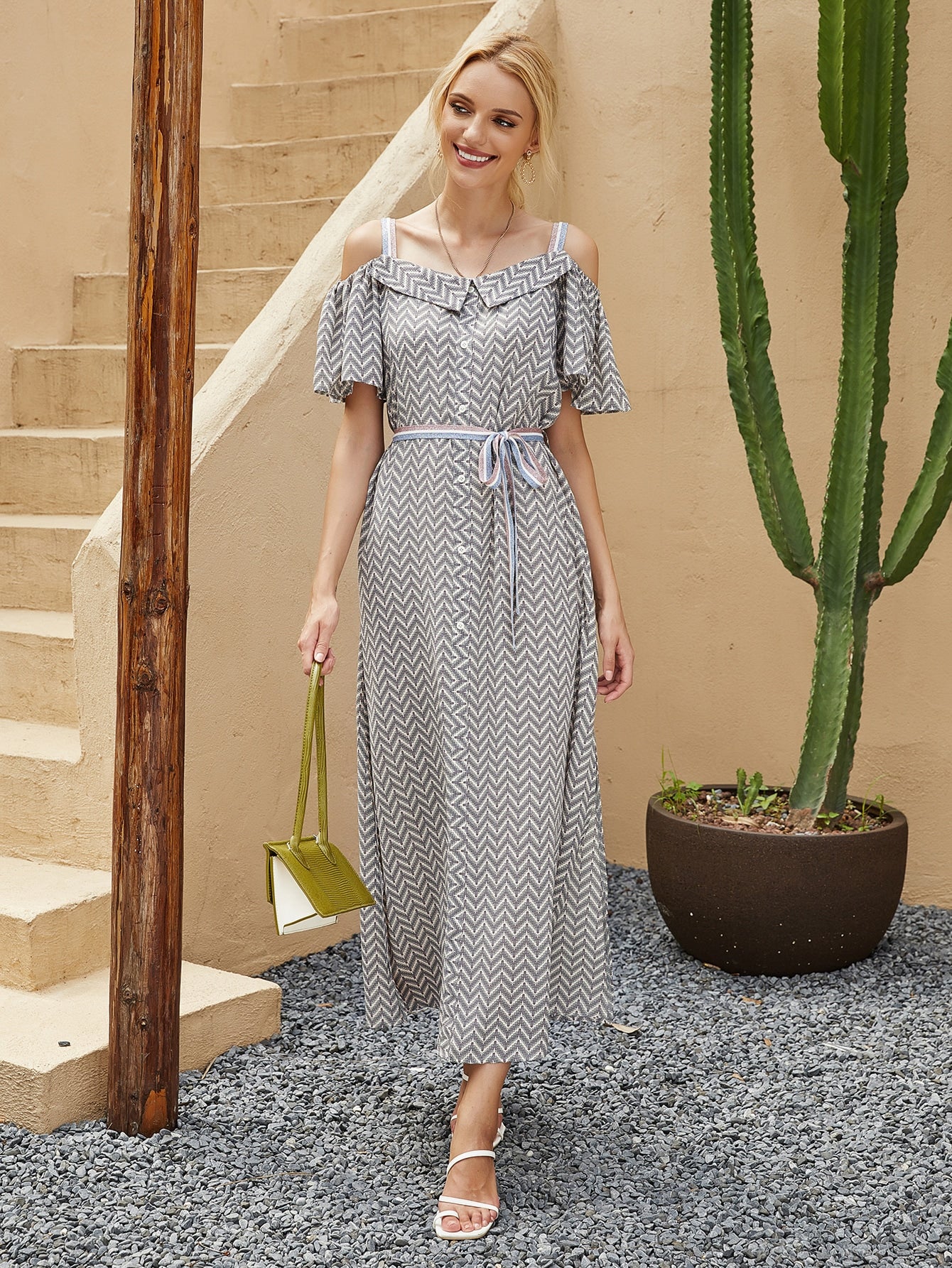 Split Side Cold Shoulder Chevron Belted Dress