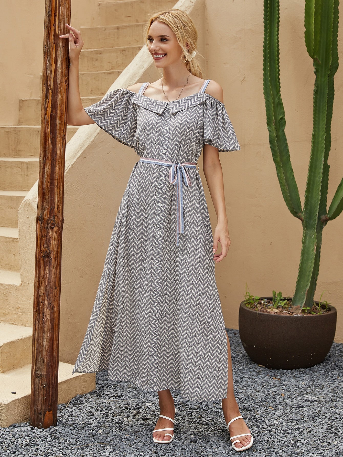 Split Side Cold Shoulder Chevron Belted Dress