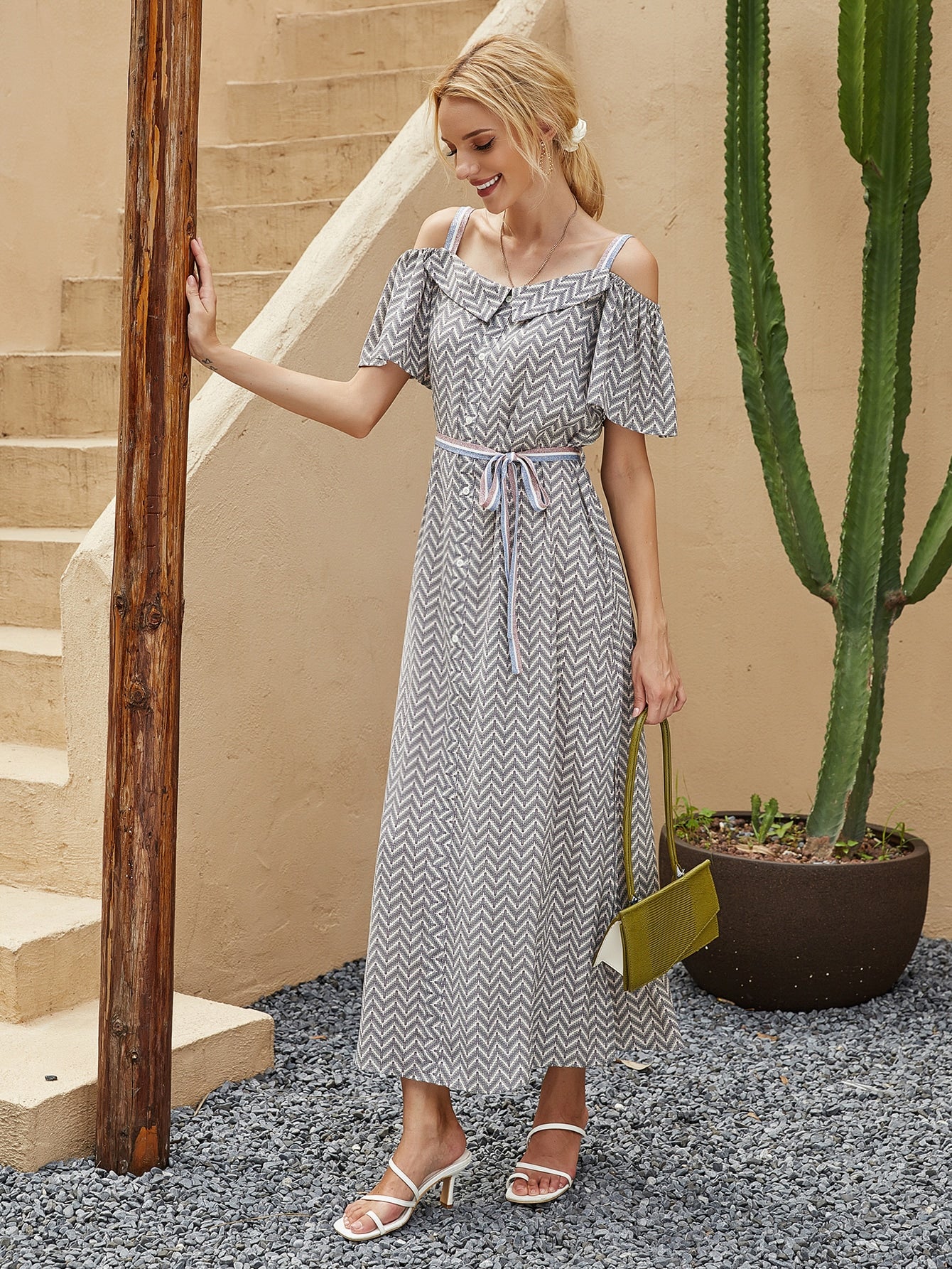 Split Side Cold Shoulder Chevron Belted Dress