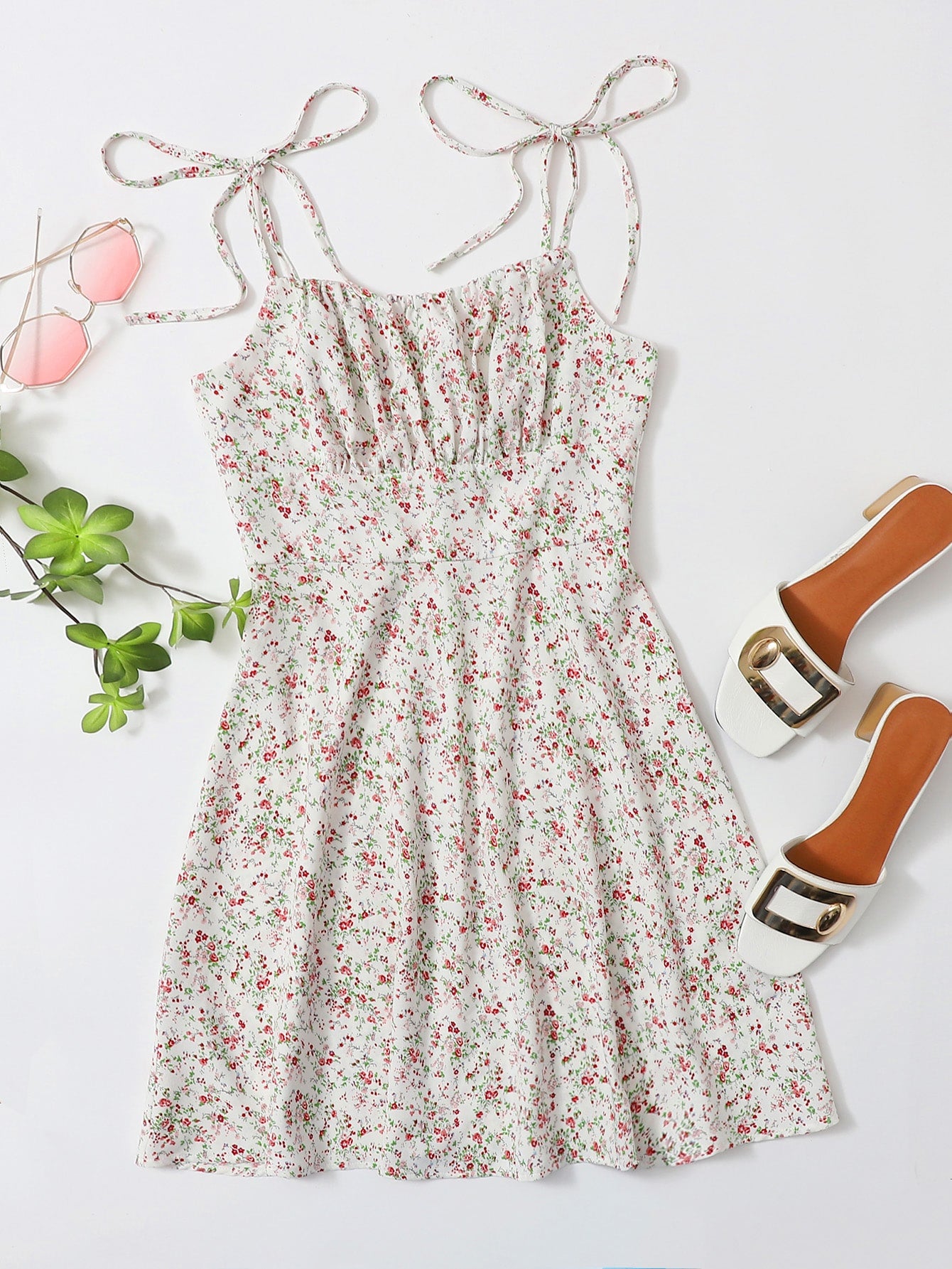 Tie Shoulder Ruched Bust Ditsy Floral Cami Dress