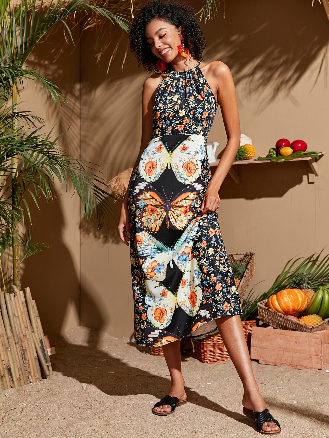 Butterfly & Floral Print Halter Dress Amy's Cart Butterfly & Floral Print Halter Dress Amy's Cart