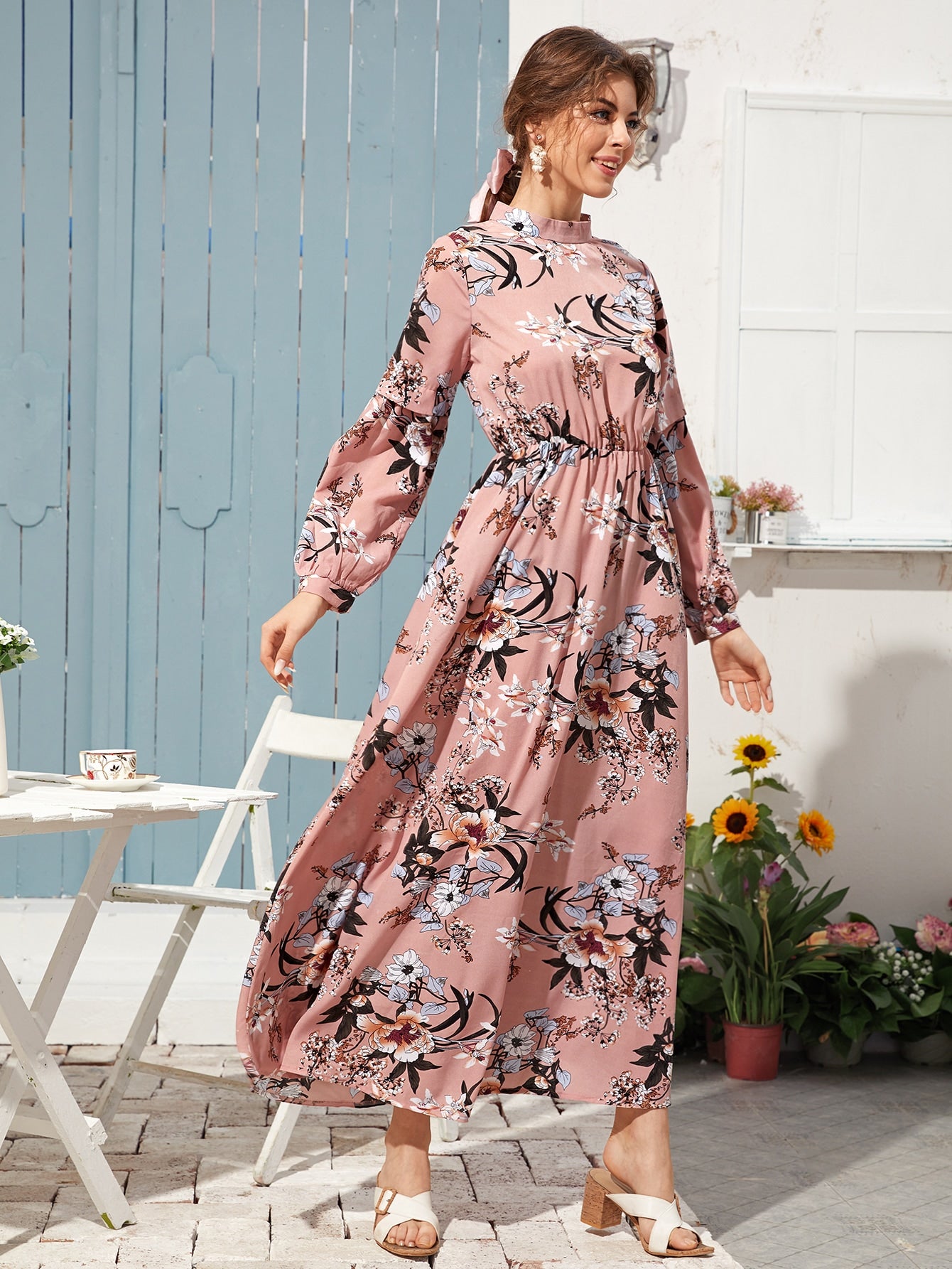 Mock Neck Floral Print A-line Dress