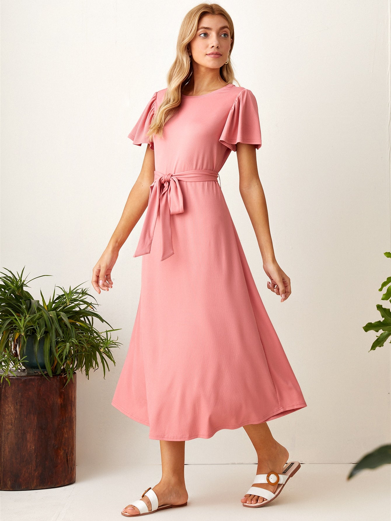 Solid Self Belt Dress