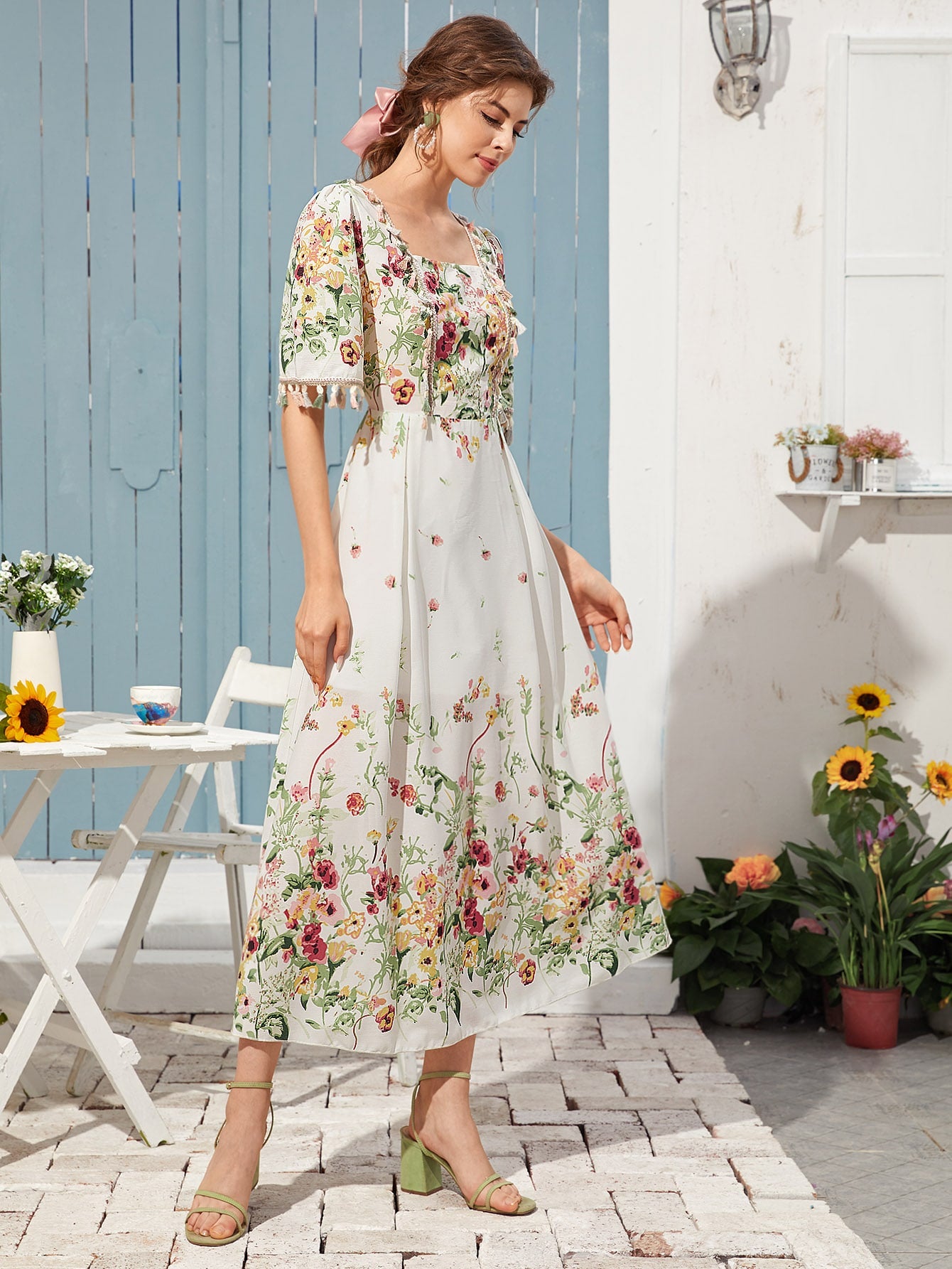 Square Neck Floral Print Fringe Trim Dress