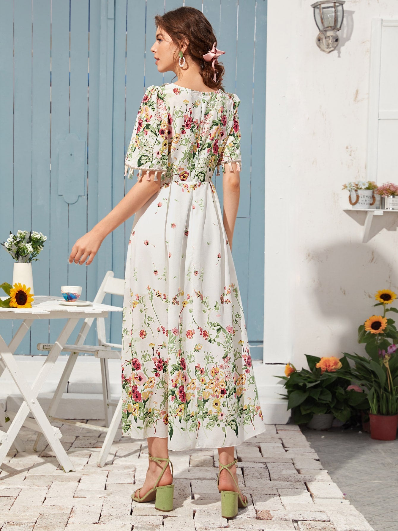 Square Neck Floral Print Fringe Trim Dress