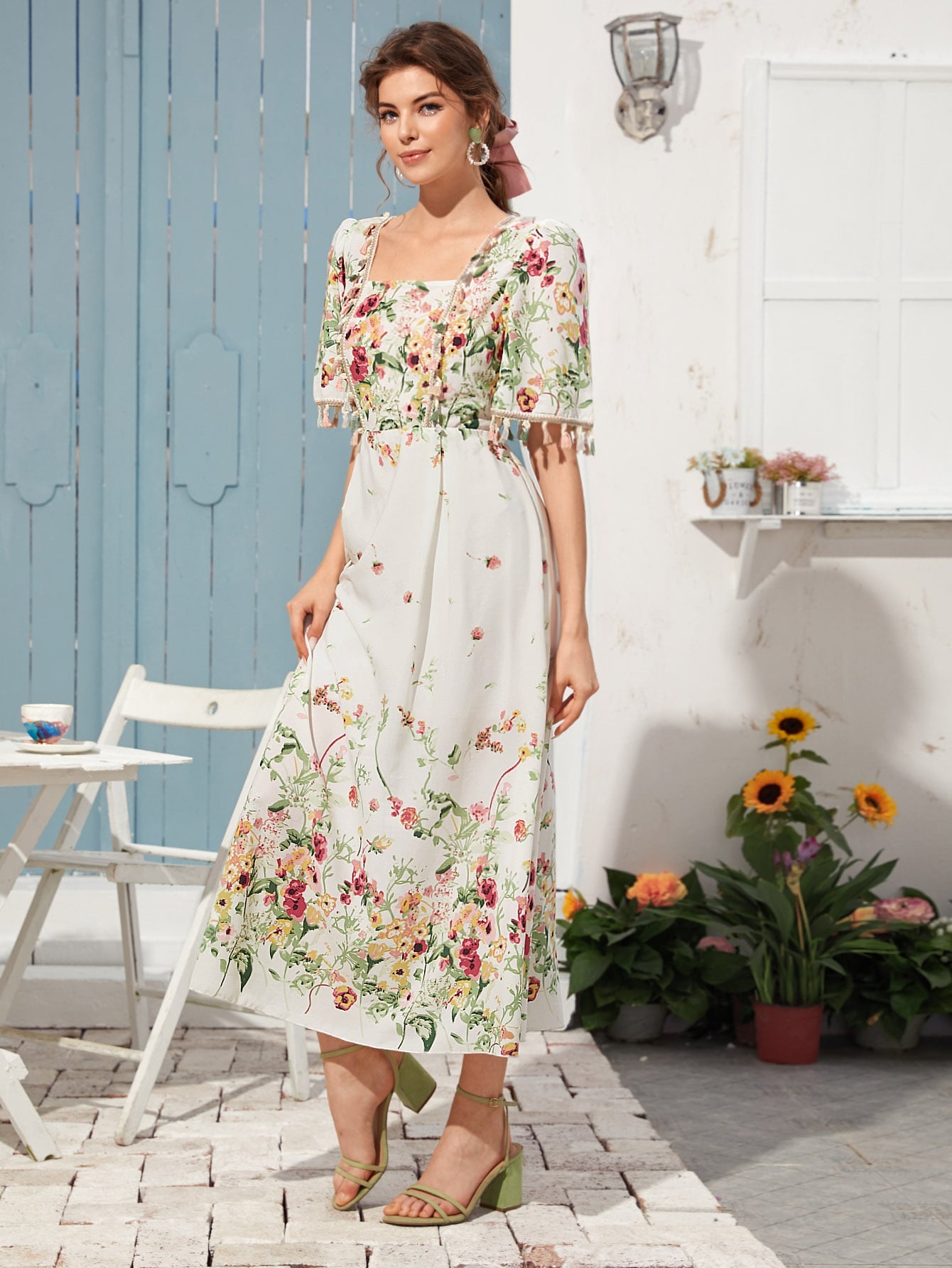 Square Neck Floral Print Fringe Trim Dress