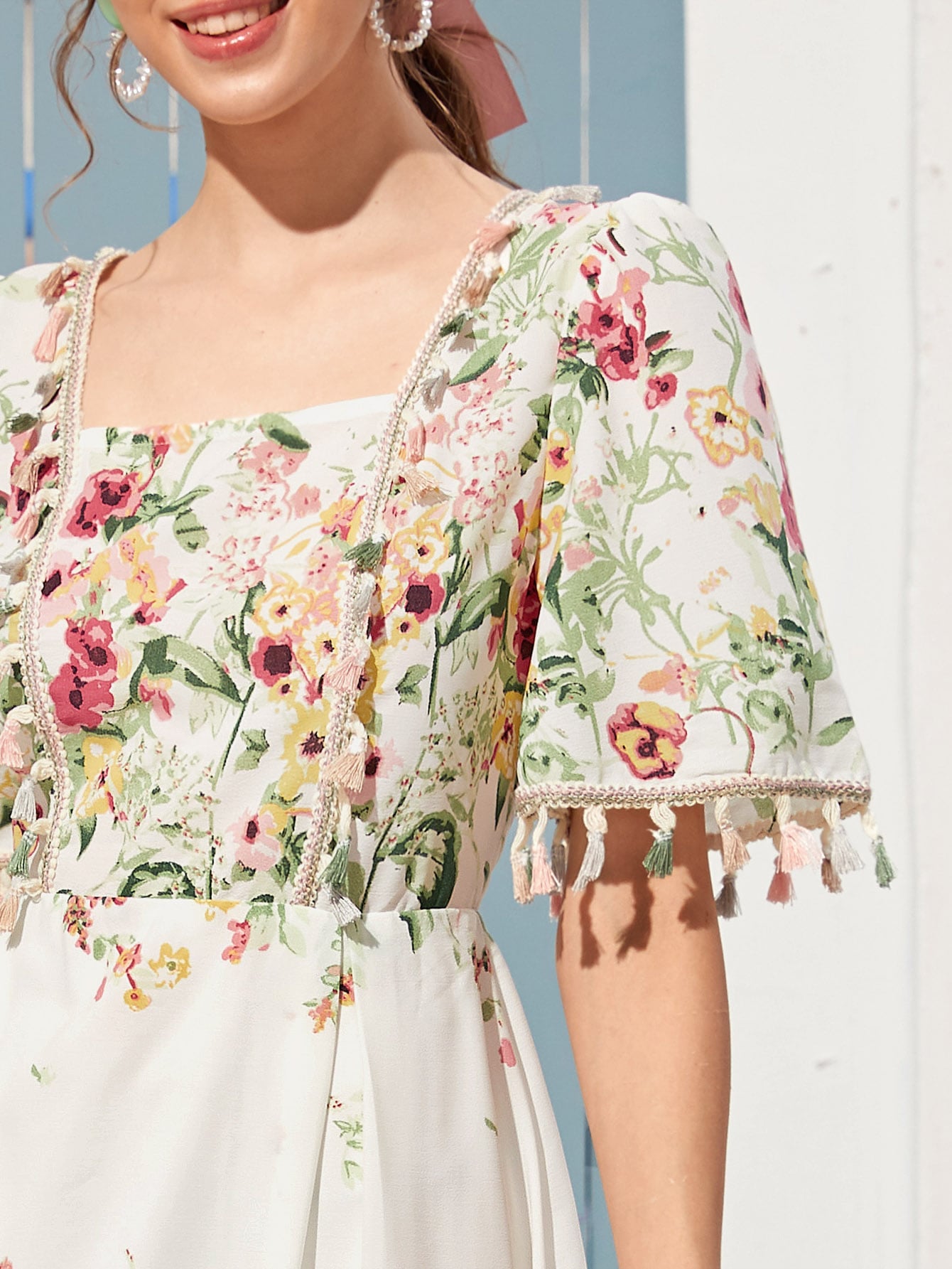 Square Neck Floral Print Fringe Trim Dress