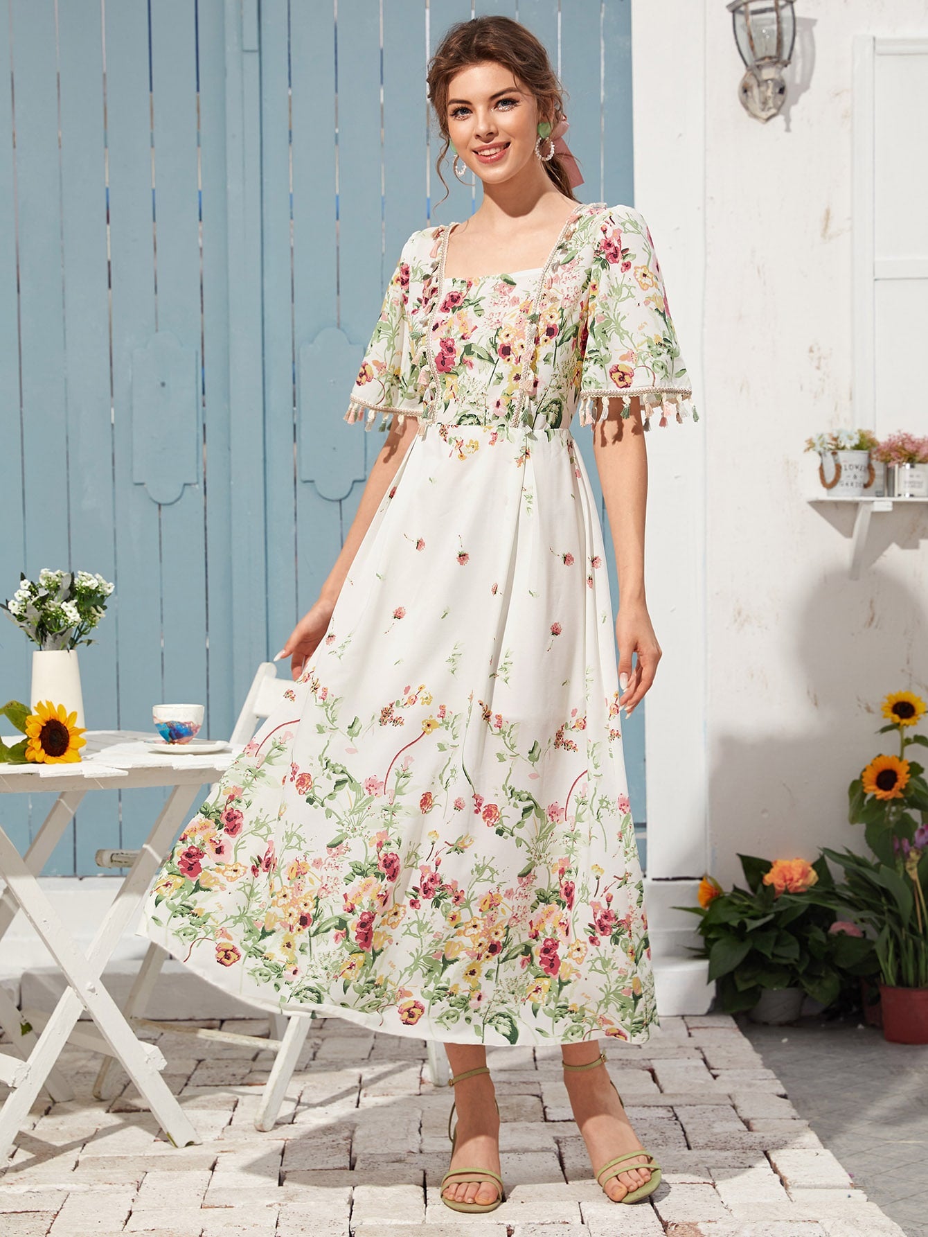 Square Neck Floral Print Fringe Trim Dress