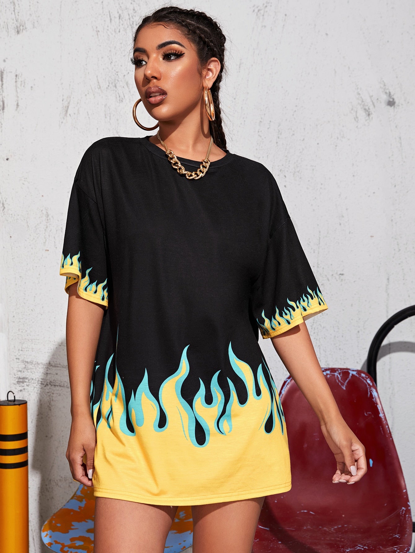 Drop Shoulder Fire Print Oversized Tee
