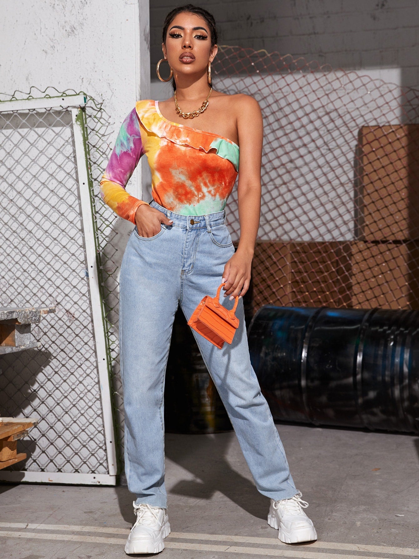 One Shoulder Tie Dye Frill Tee