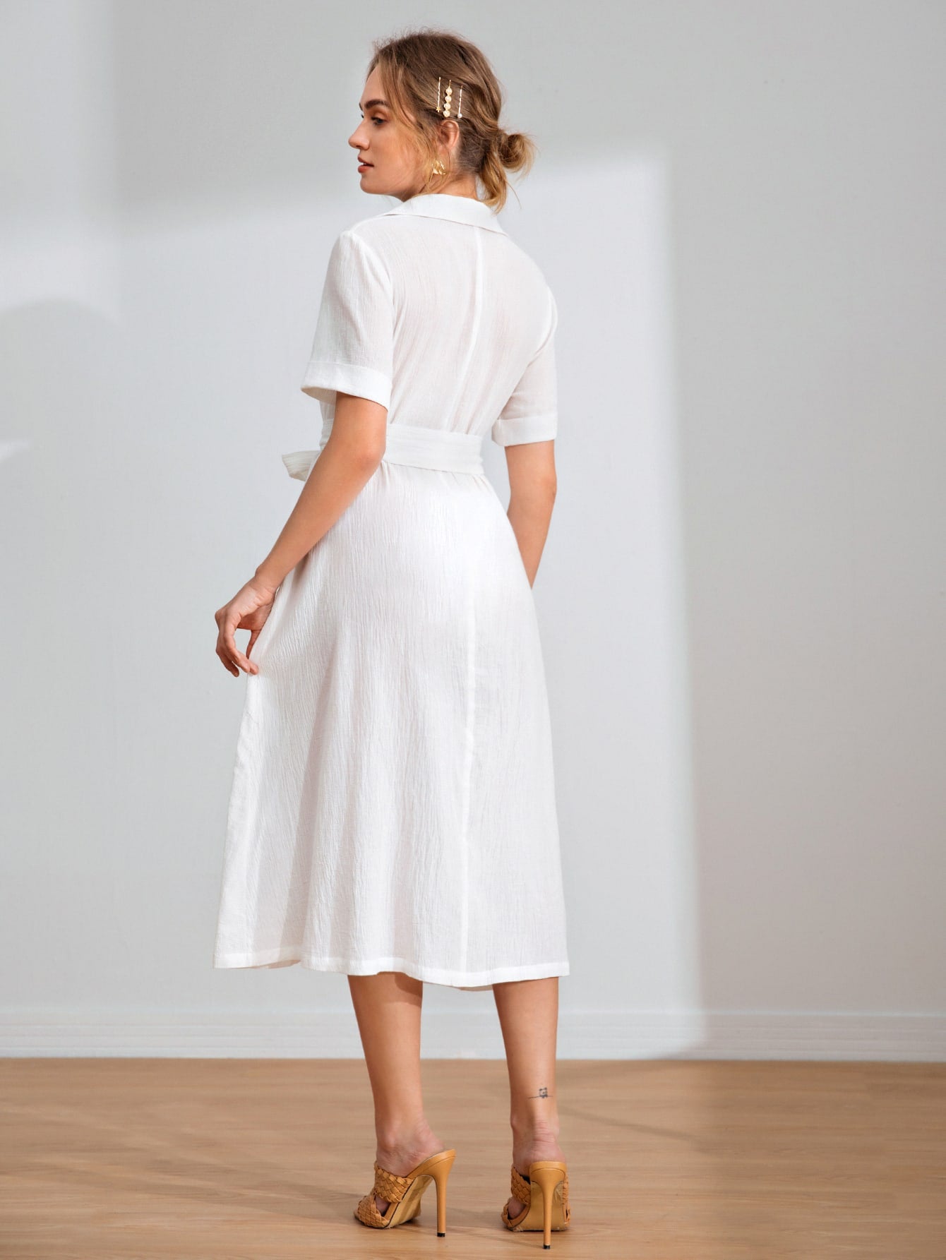 Button Front Belted Shirt Dress
