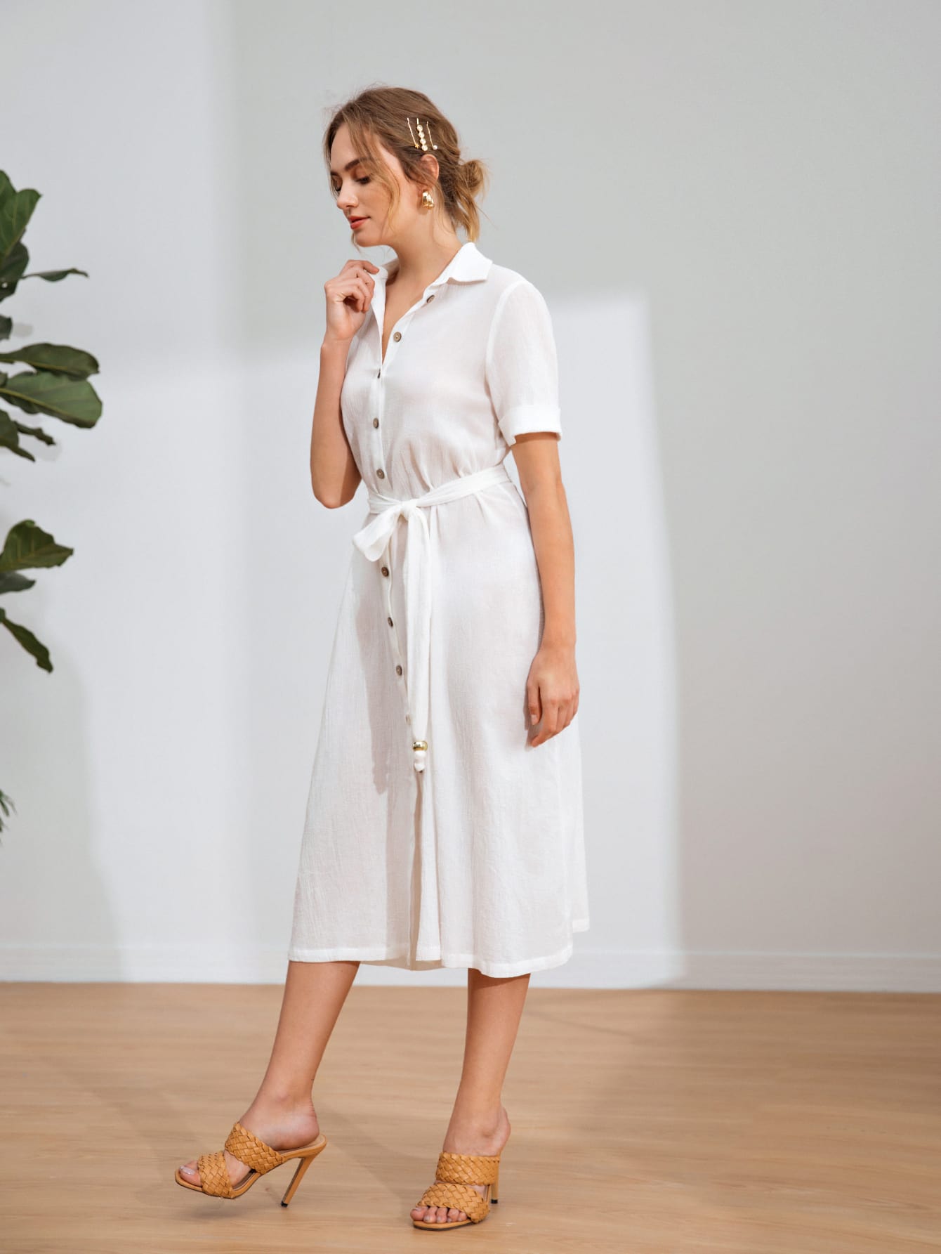 Button Front Belted Shirt Dress