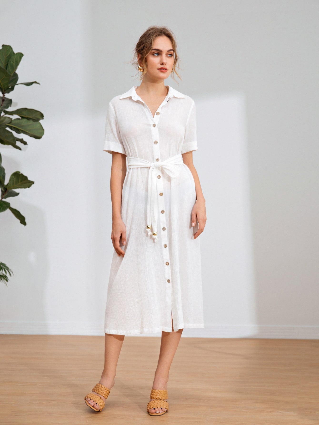 Button Front Belted Shirt Dress