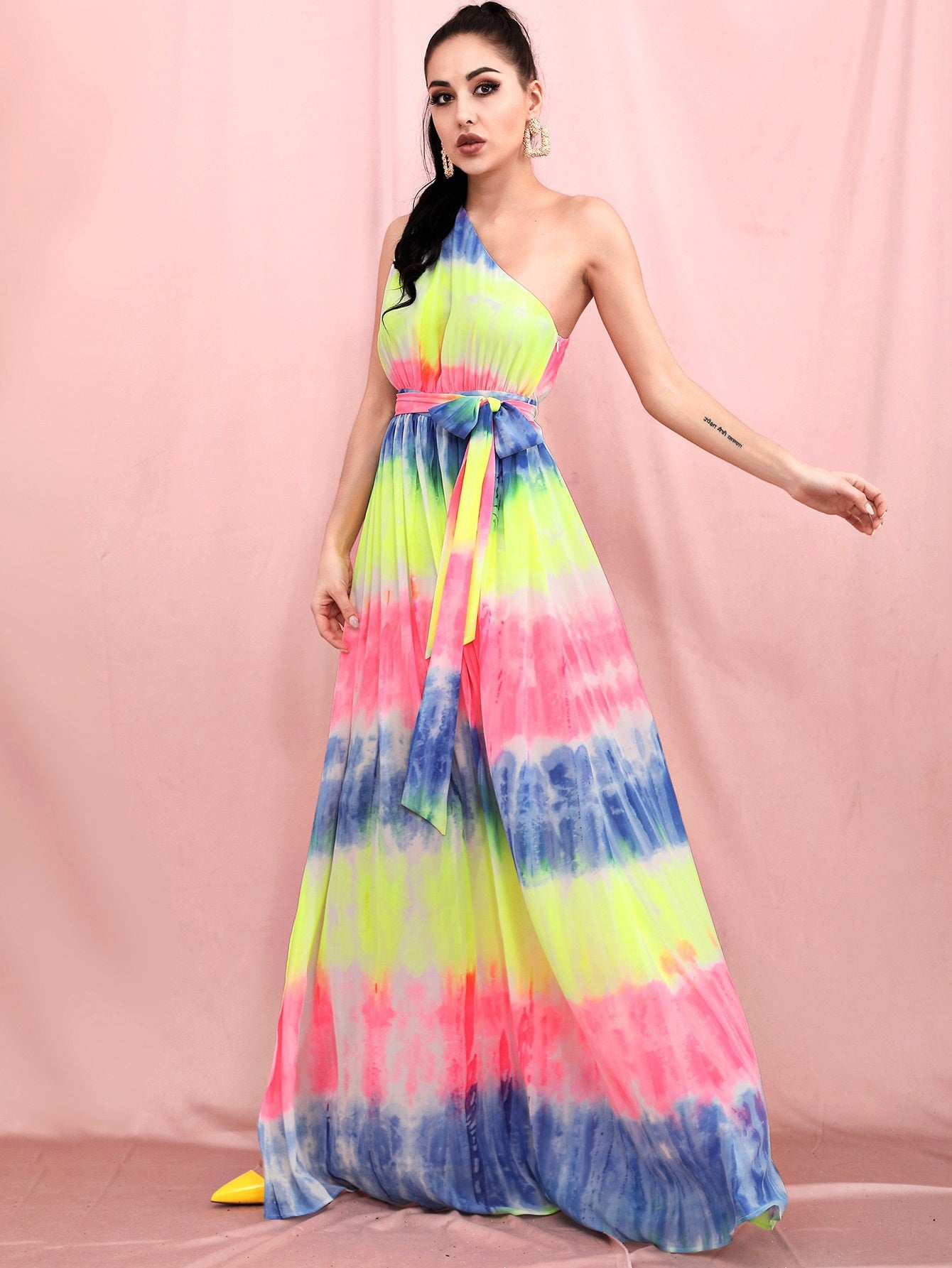 One Shoulder Belted Split Thigh Tie Dye Maxi Dress