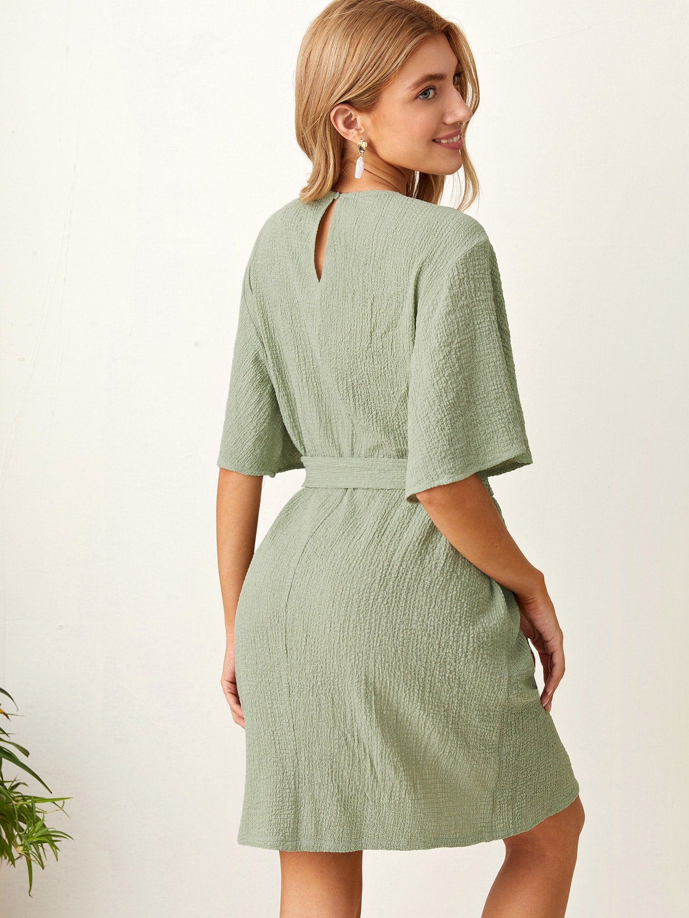 Keyhole Back Flutter Sleeve Belted Textured Dress