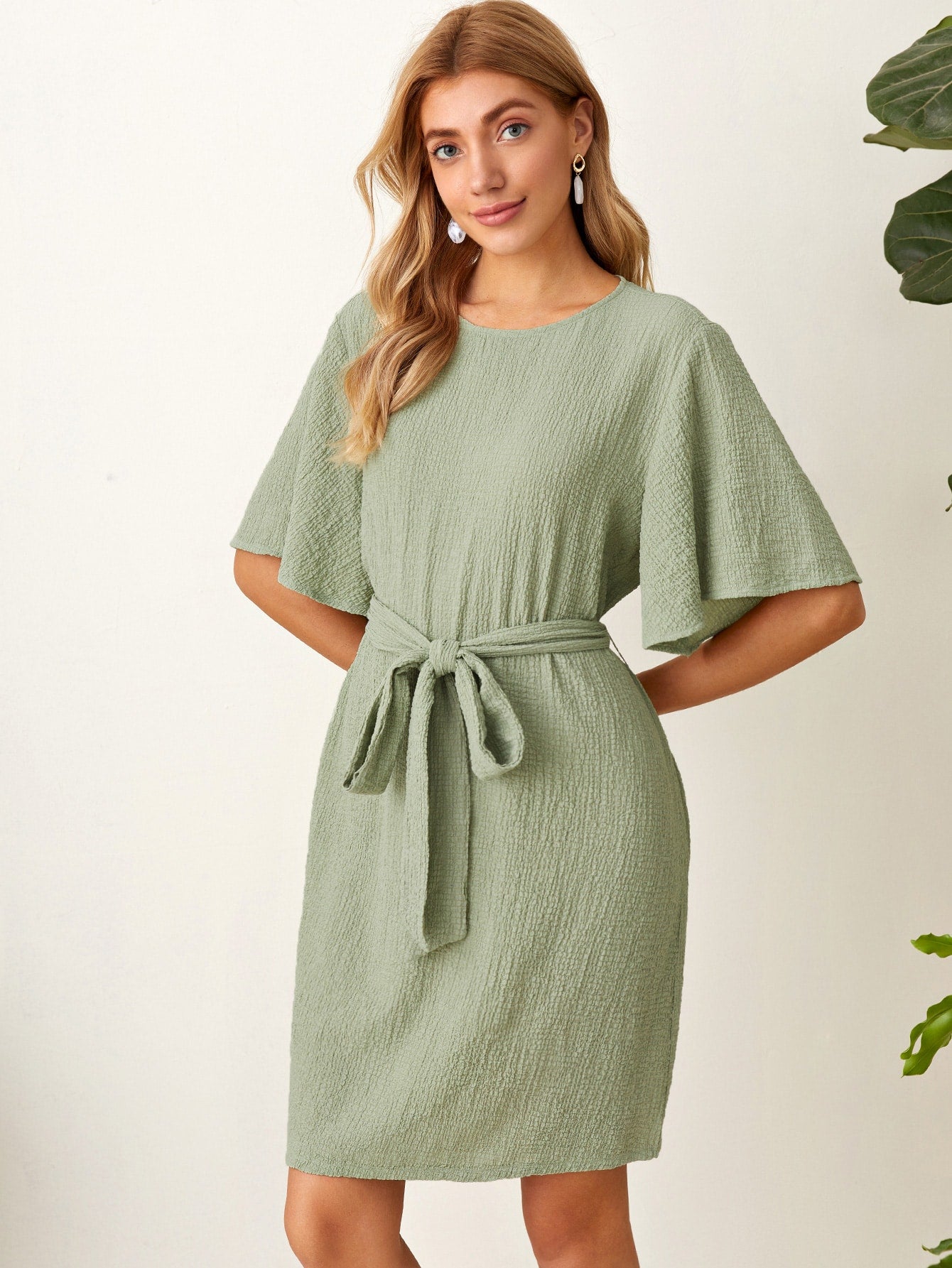Keyhole Back Flutter Sleeve Belted Textured Dress