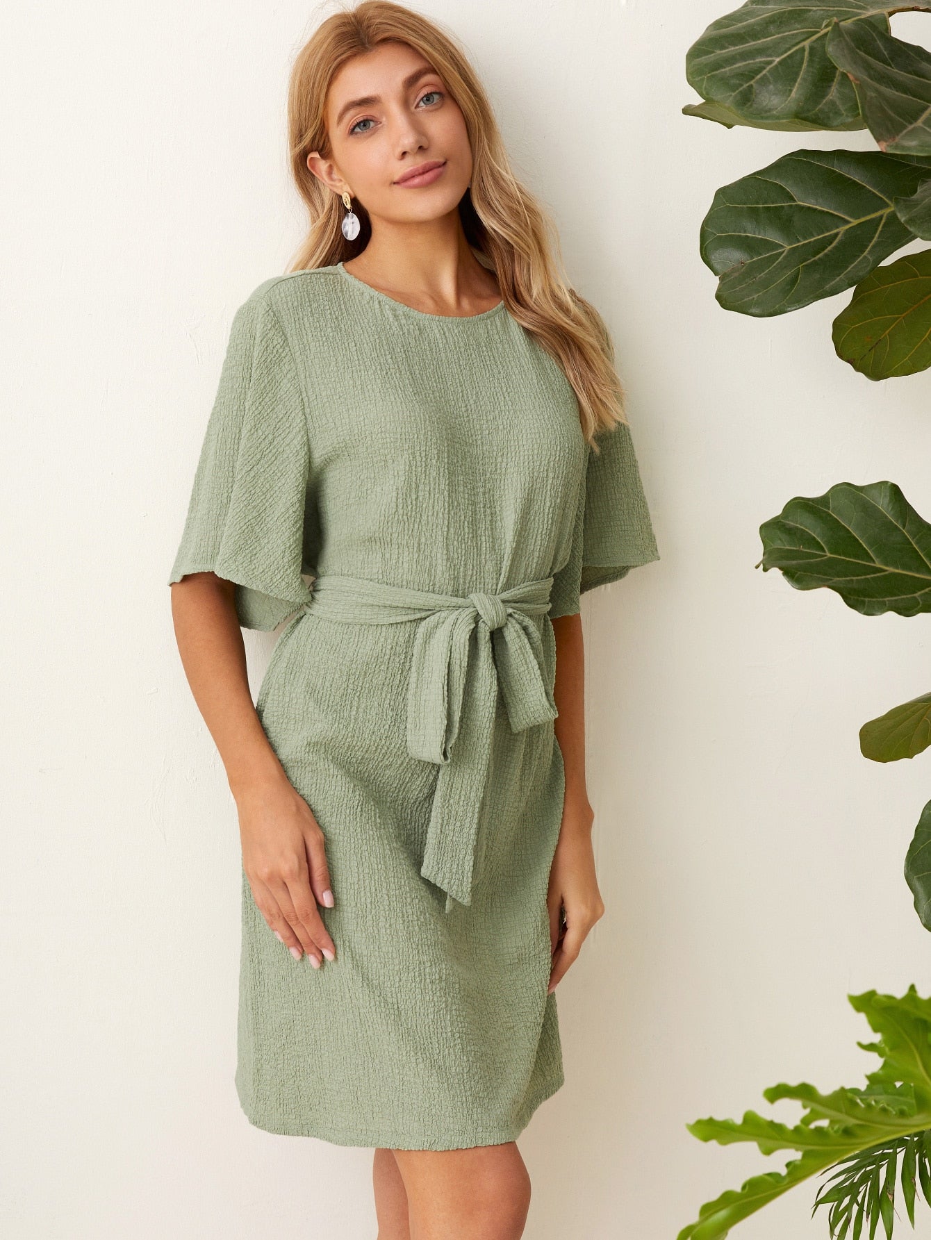 Keyhole Back Flutter Sleeve Belted Textured Dress