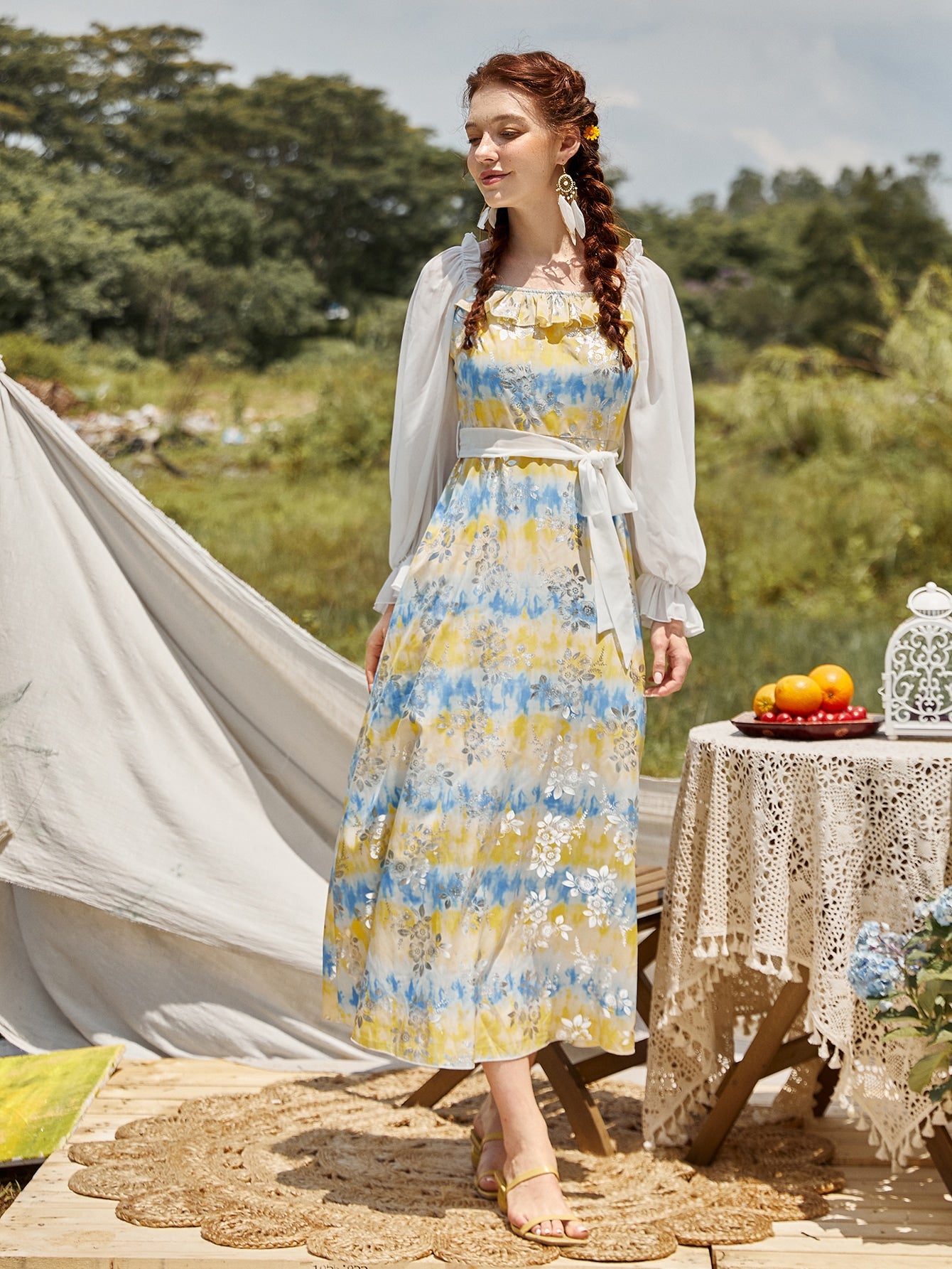 Floral Jacquard Tie Dye Ruffle Trim Belted Dress