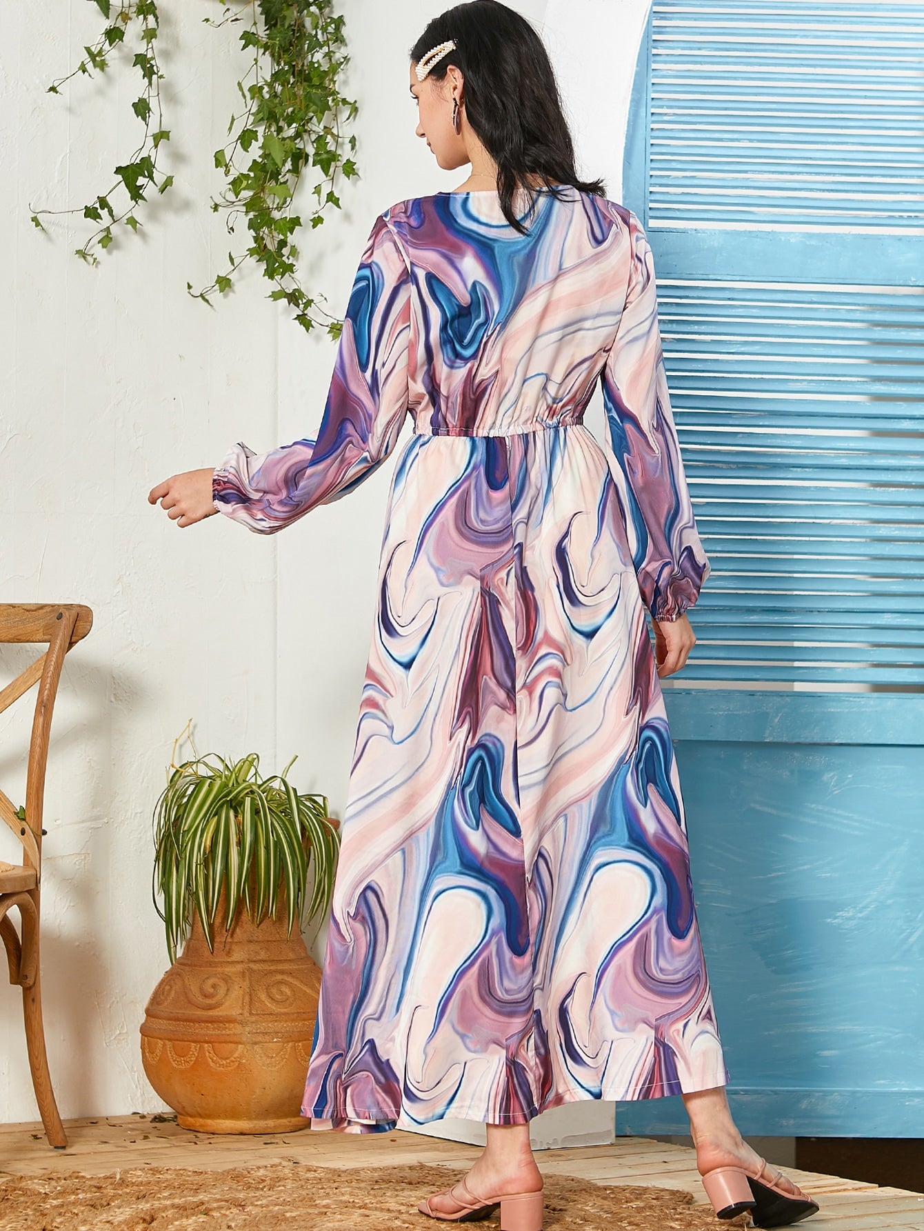 Bishop Sleeve Marble Print Maxi A-line Dress
