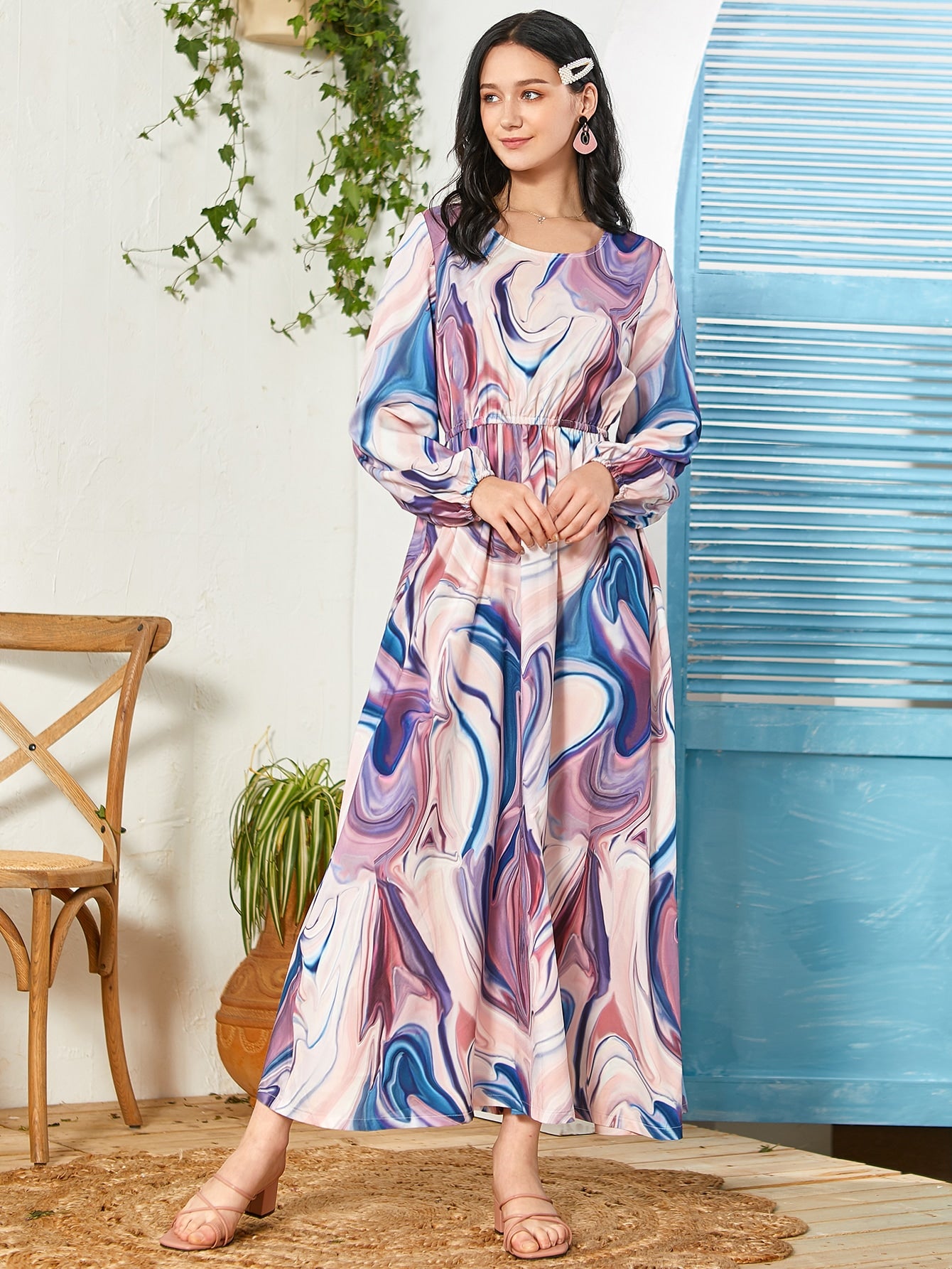 Bishop Sleeve Marble Print Maxi A-line Dress