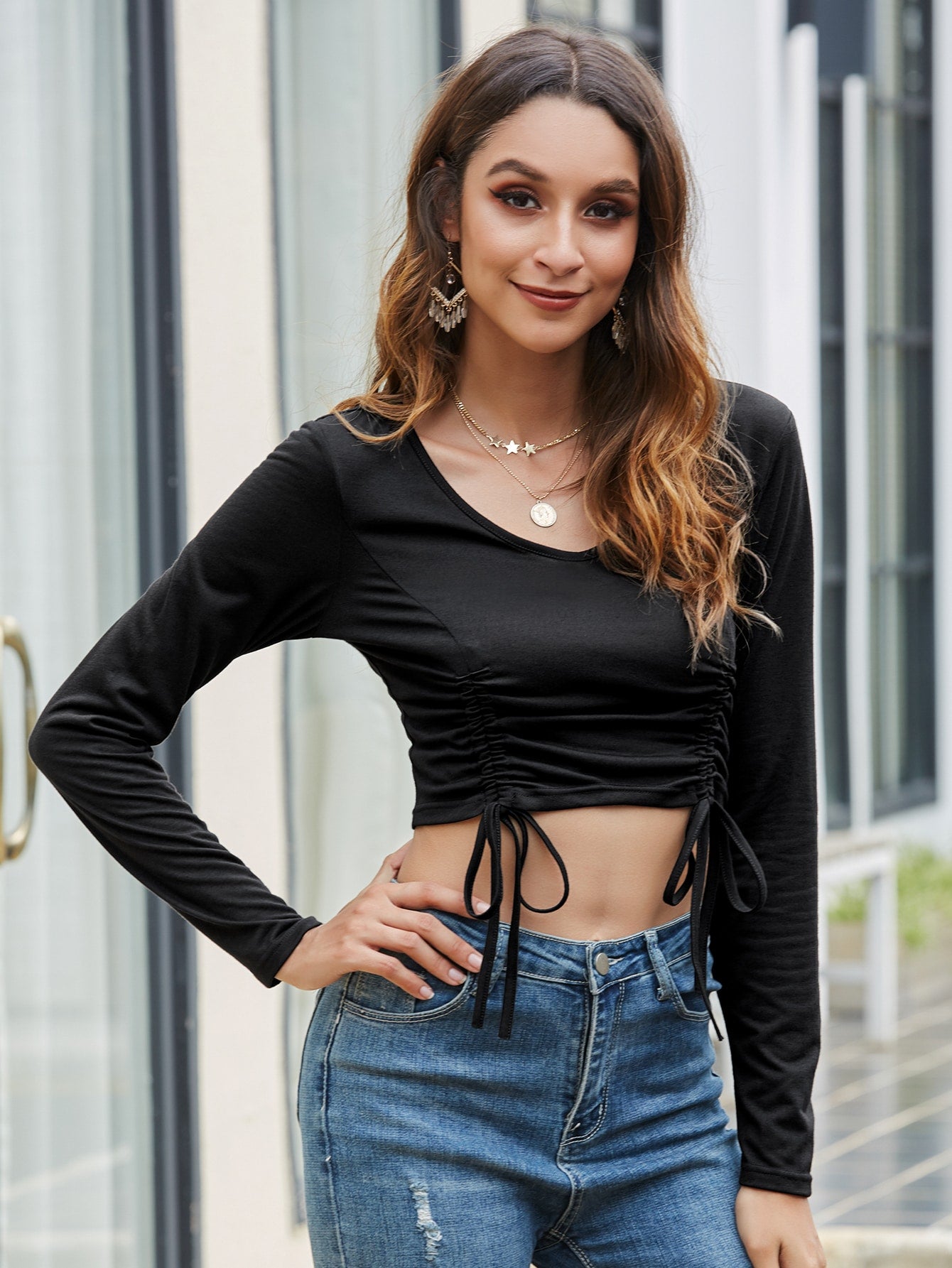 Drawstring Side Rib-knit Slim Fit Tee
