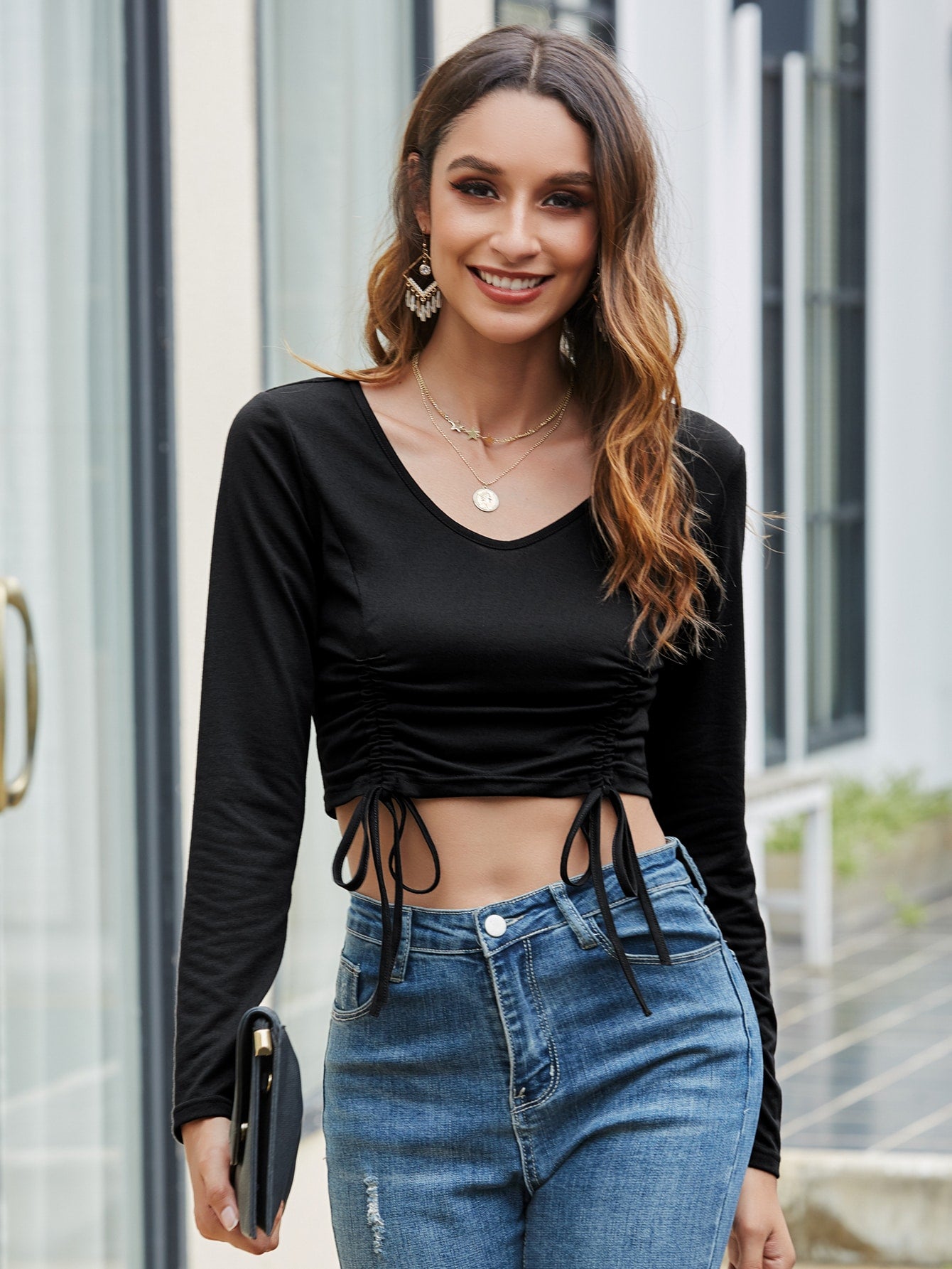 Drawstring Side Rib-knit Slim Fit Tee