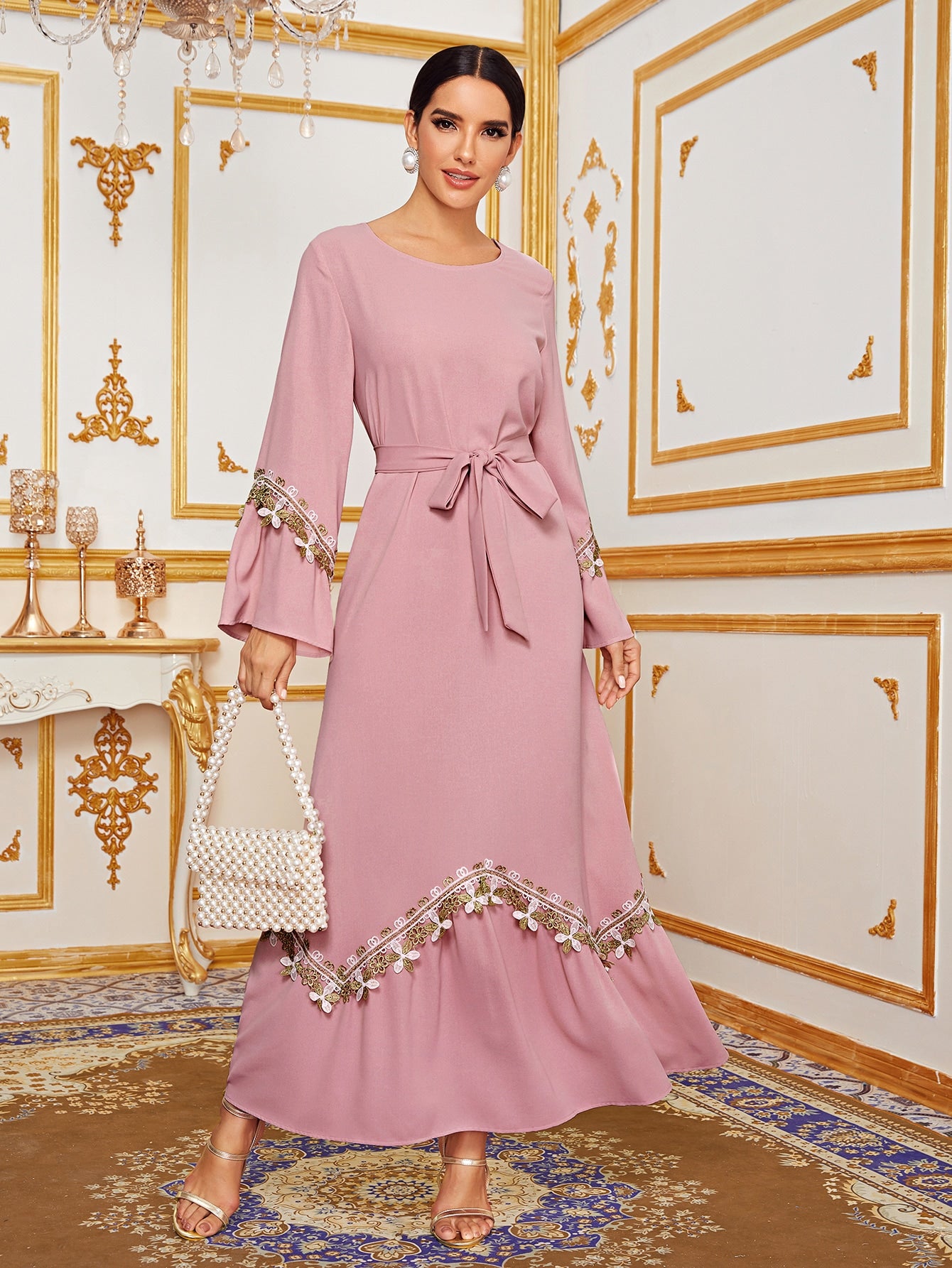 Appliques Bell Sleeve Self Tie Maxi Dress