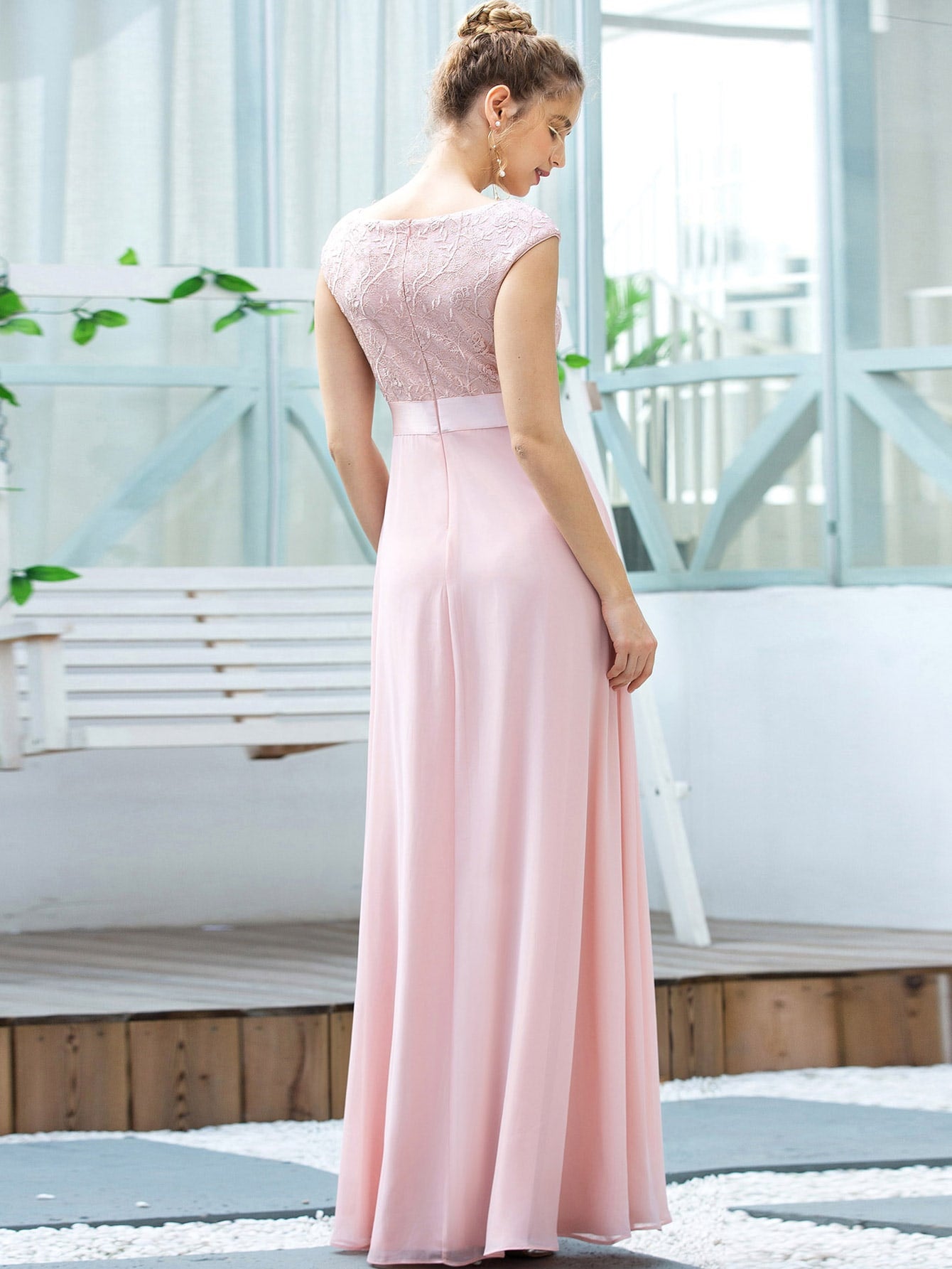 Guipure Lace Bodice Chiffon Dress