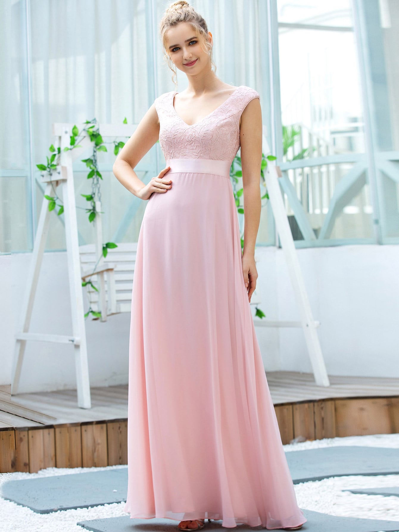 Guipure Lace Bodice Chiffon Dress