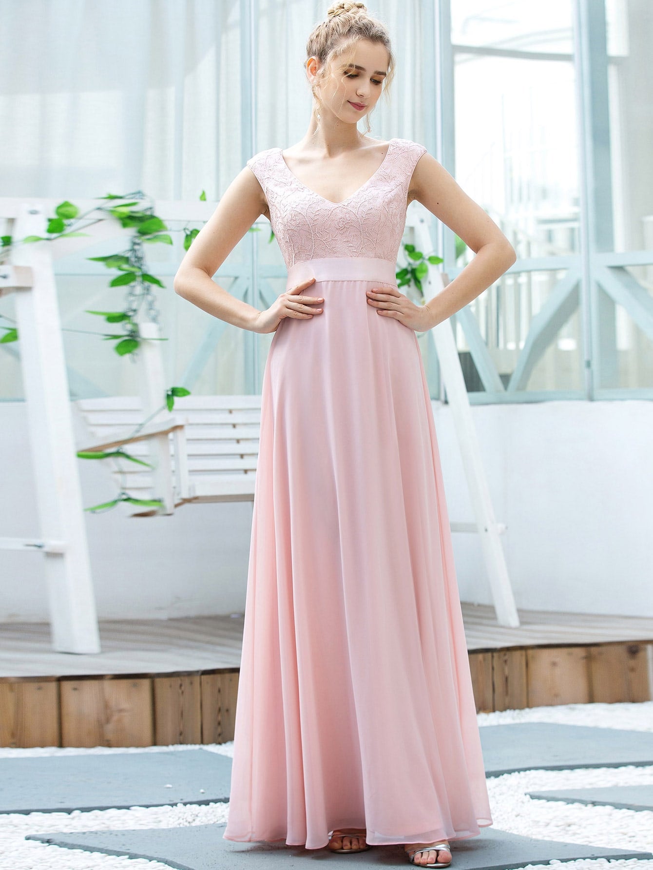 Guipure Lace Bodice Chiffon Dress
