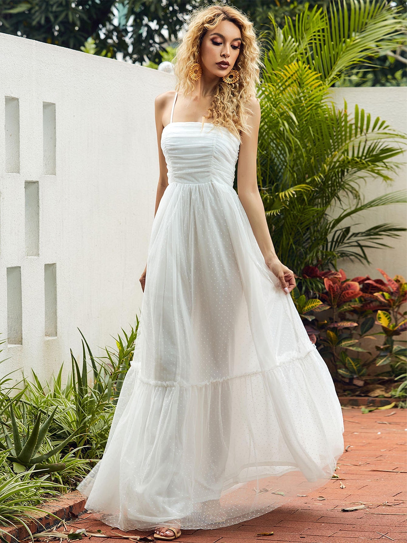 Ruched Ruffle Hem Swiss Dot Cami Prom Dress