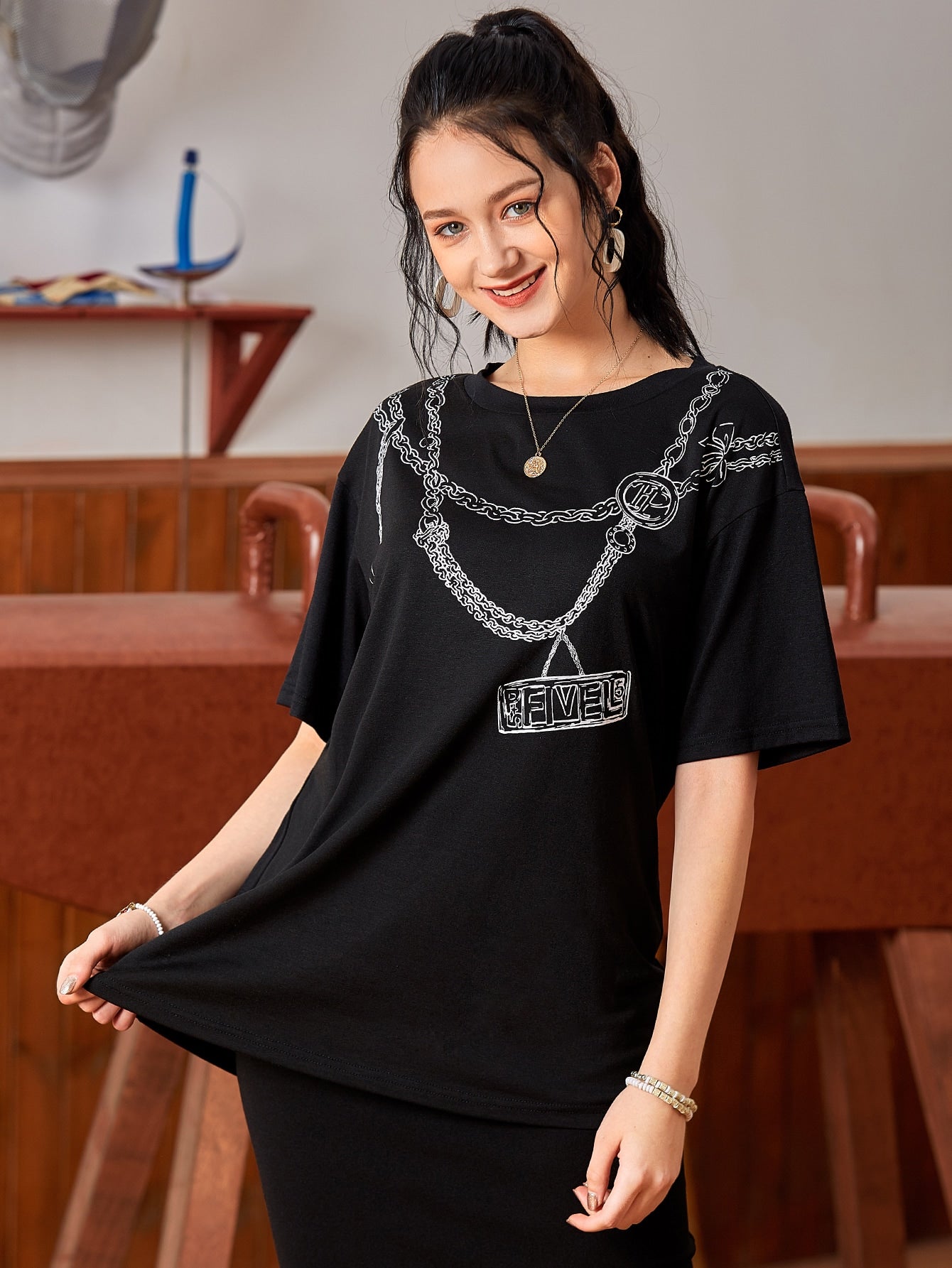 Chain And Letter Graphic Tee