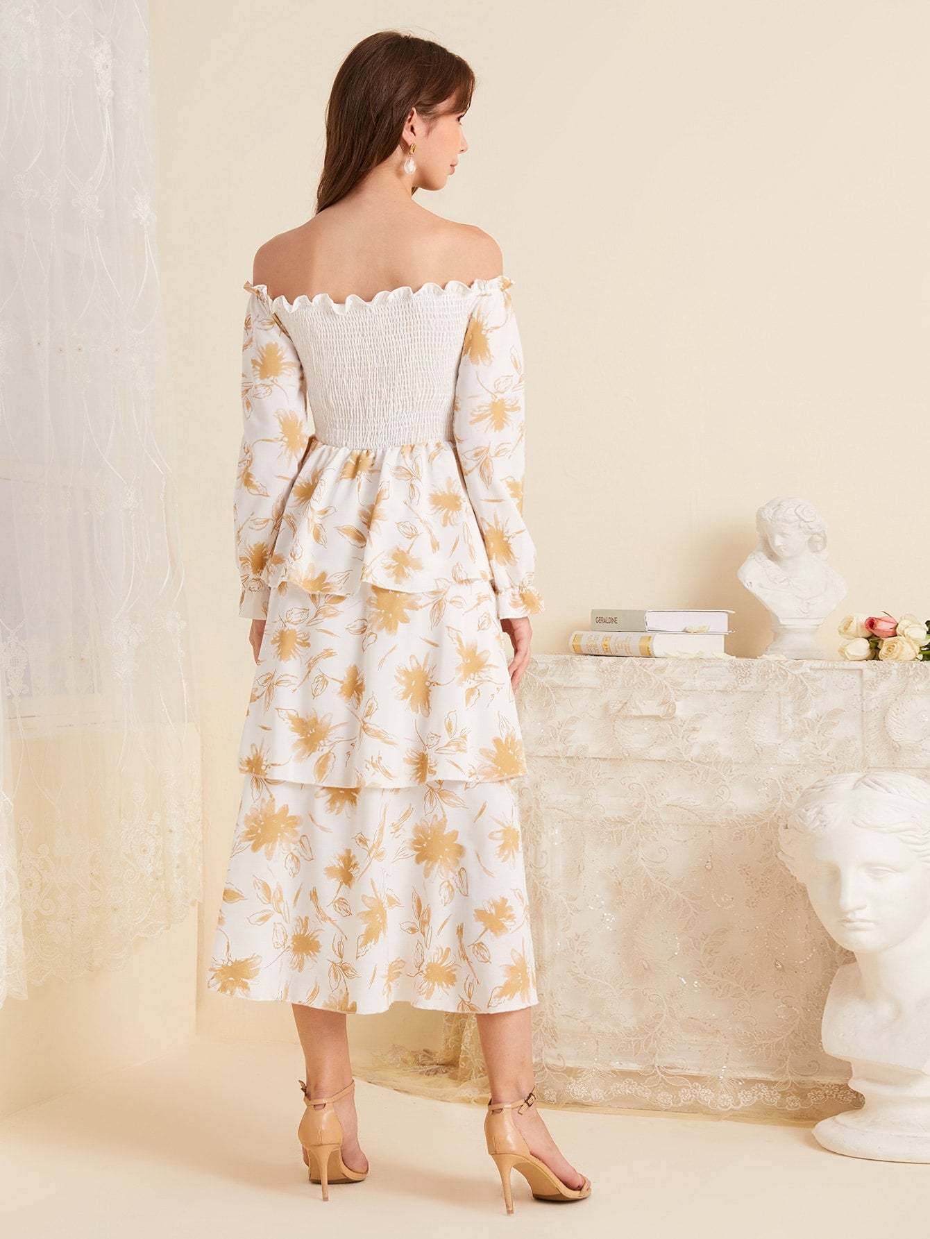 Leaf Print Shirred Bardot Layered Dress