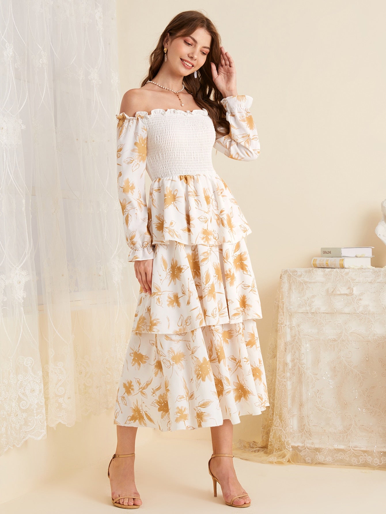 Leaf Print Shirred Bardot Layered Dress