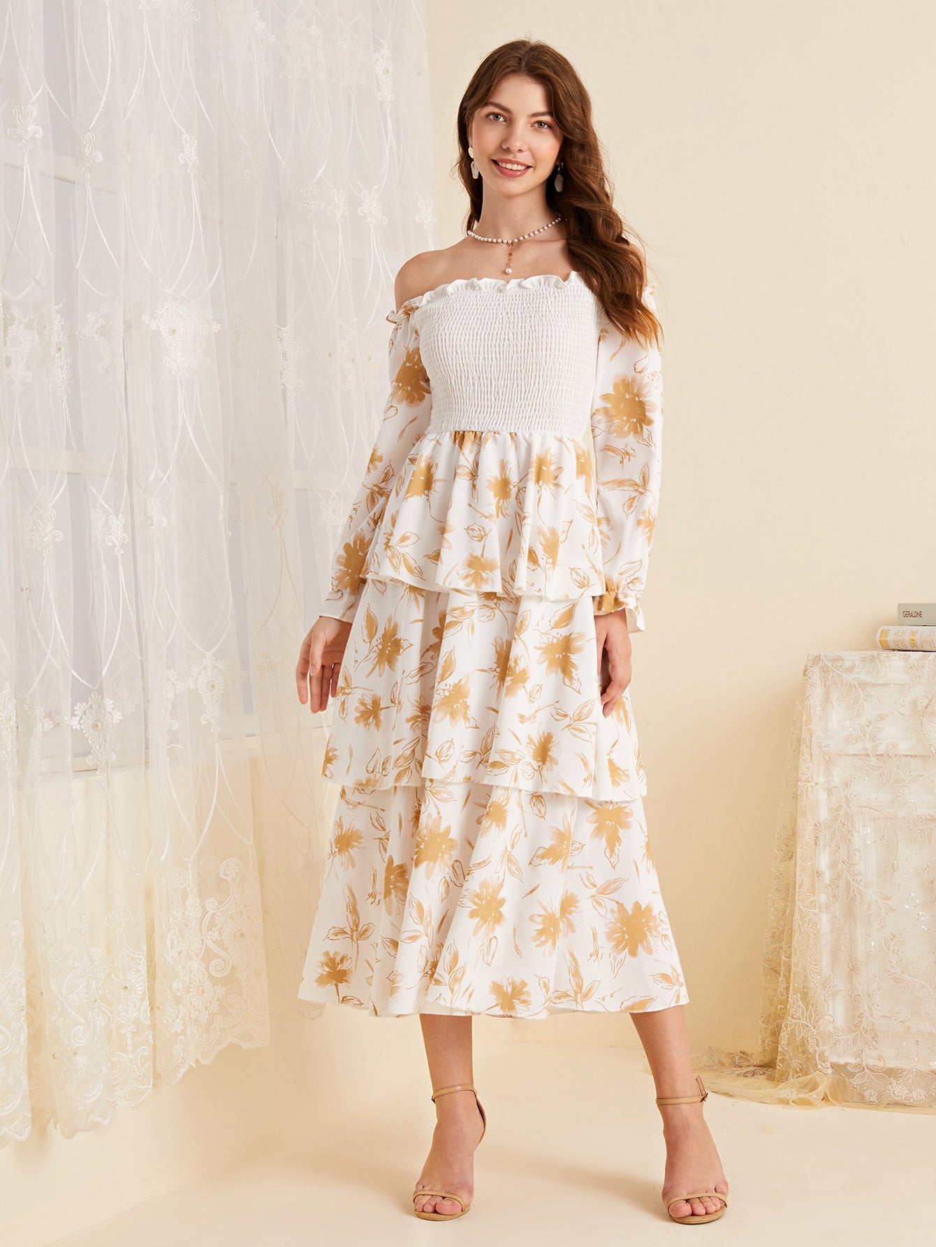 Leaf Print Shirred Bardot Layered Dress