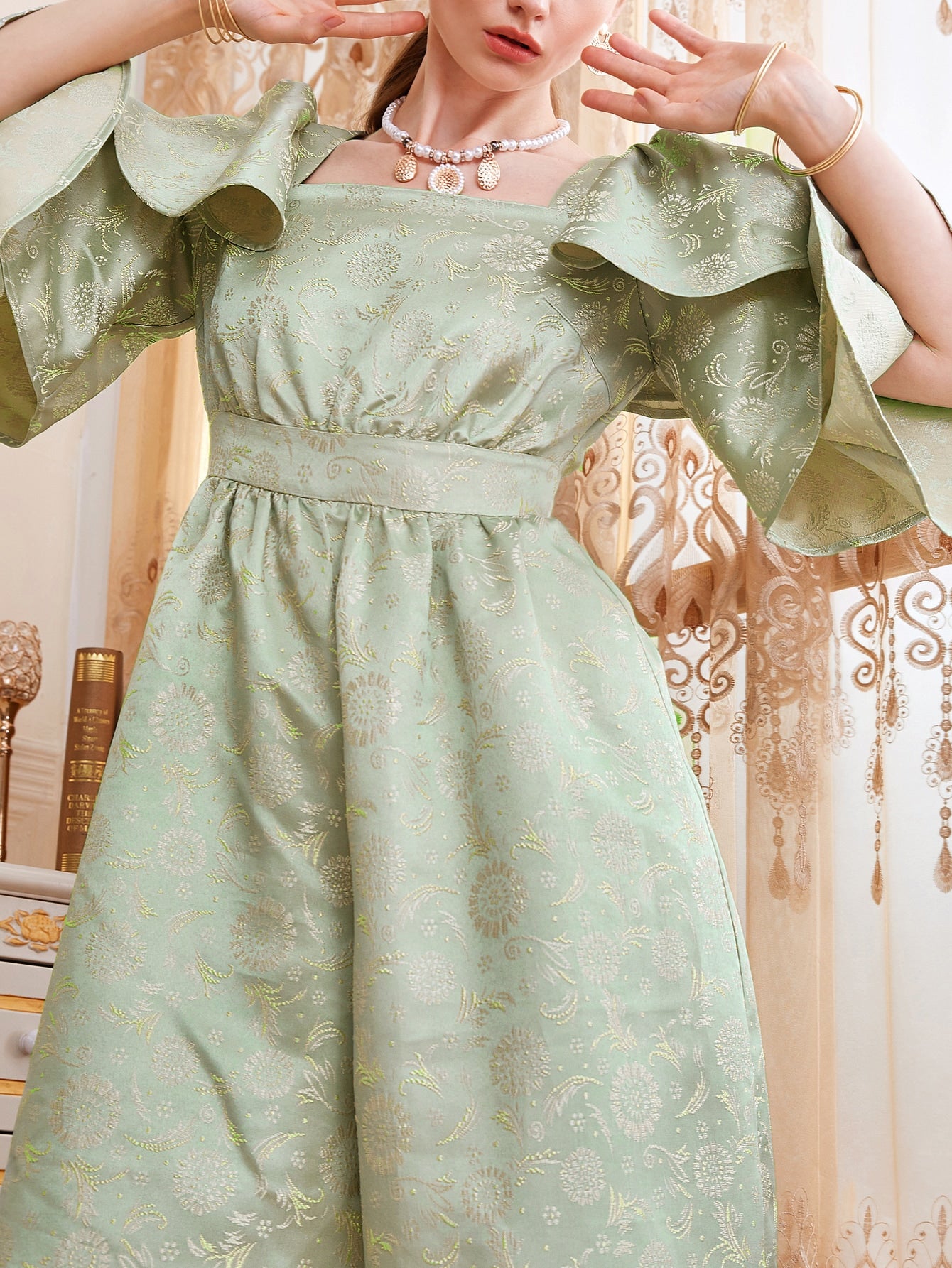 Layered Bell Sleeve Floral Jacquard Palazzo Jumpsuit