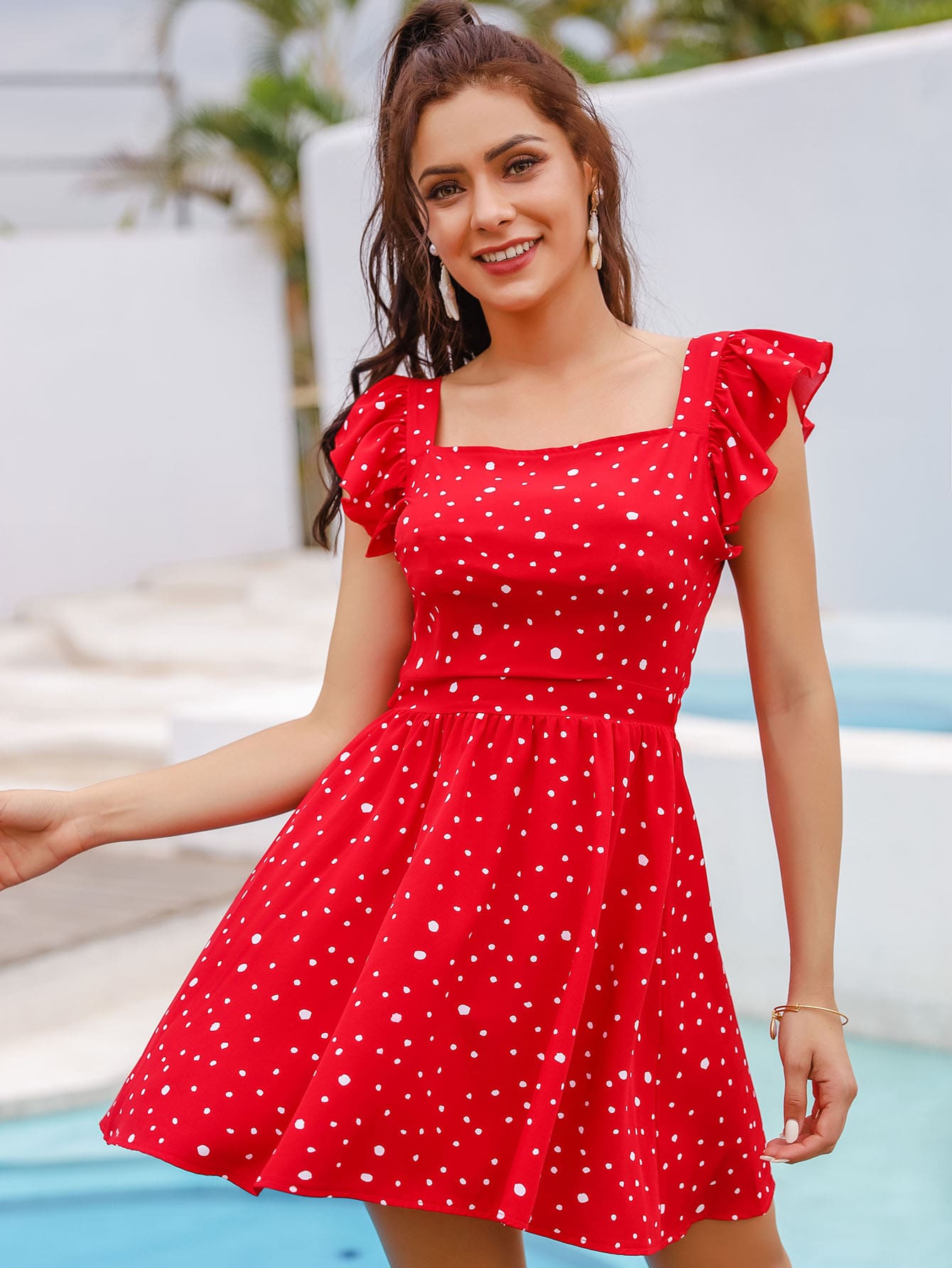 Allover Print Ruffle Trim A-Line Dress