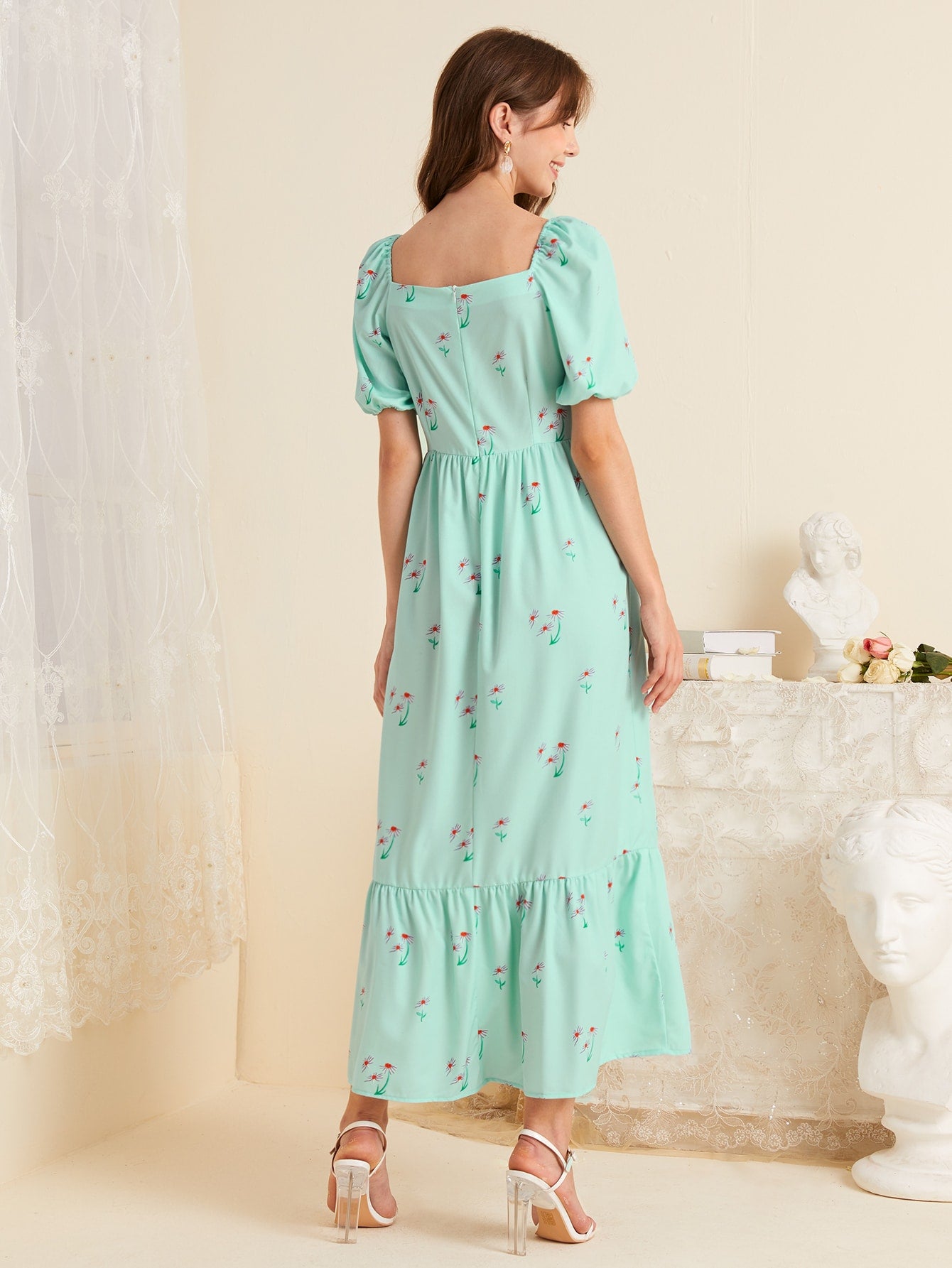 Floral Square Neck Puff Sleeve Ruffle Hem Dress