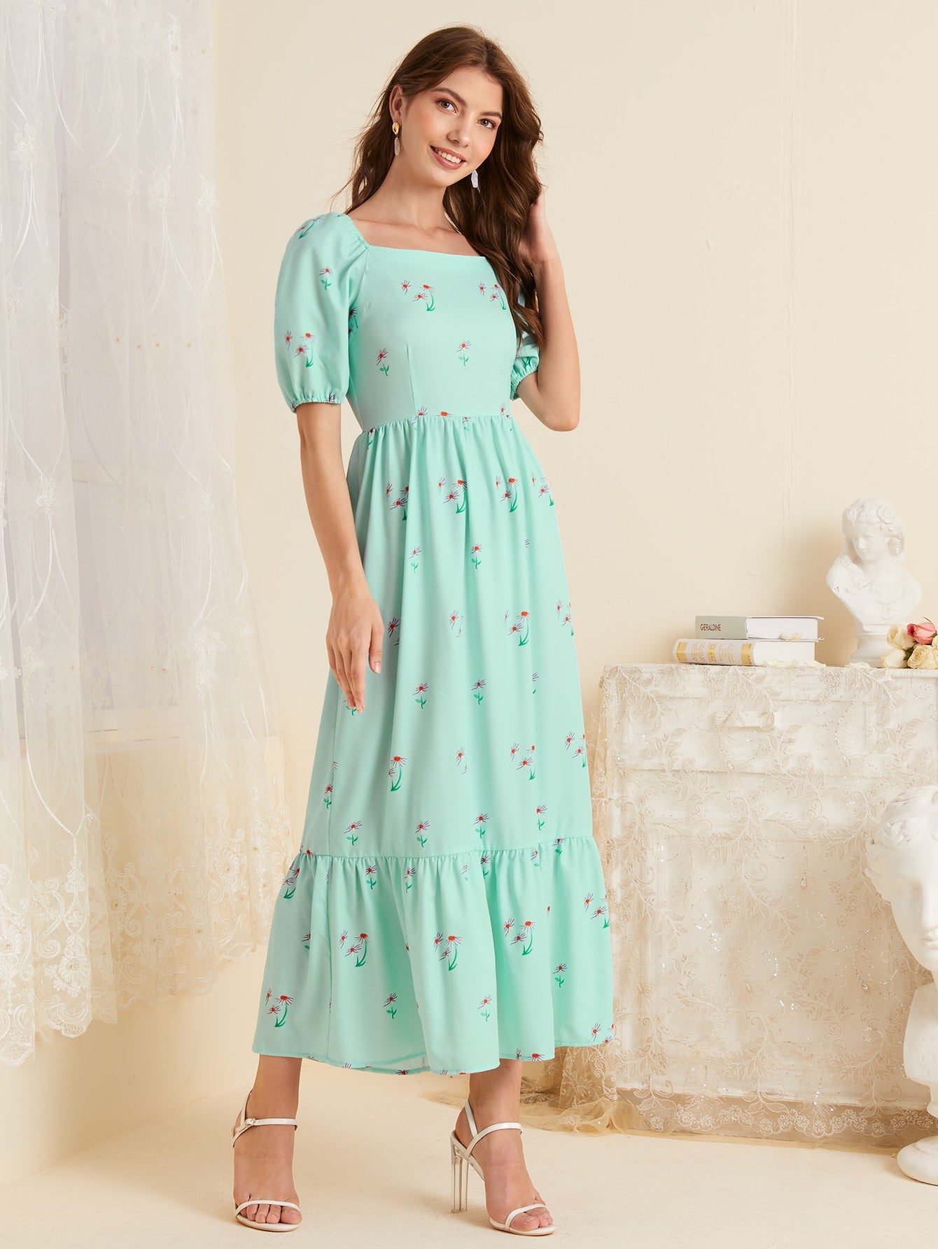 Floral Square Neck Puff Sleeve Ruffle Hem Dress