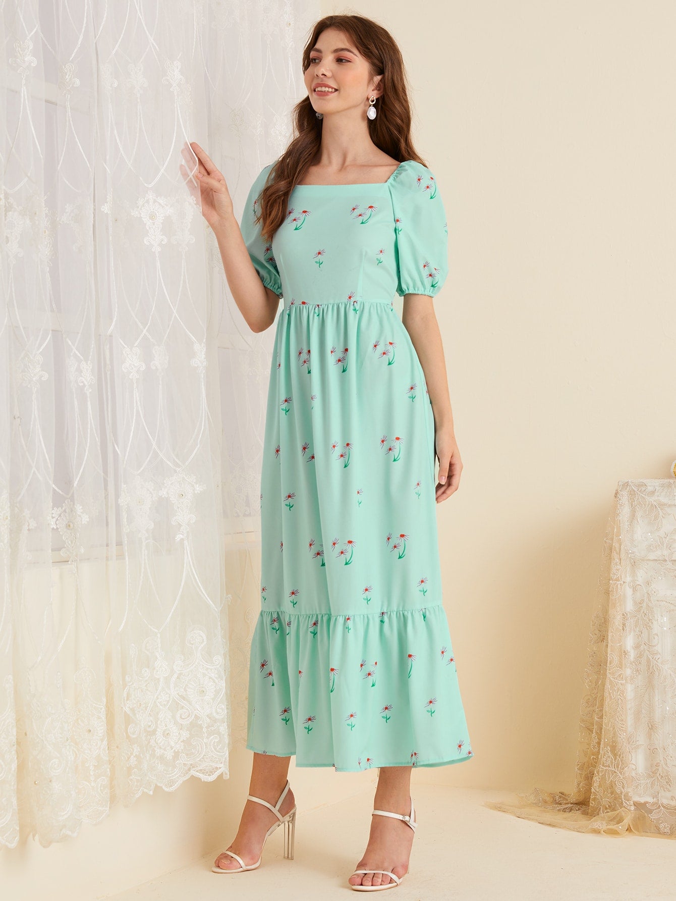 Floral Square Neck Puff Sleeve Ruffle Hem Dress