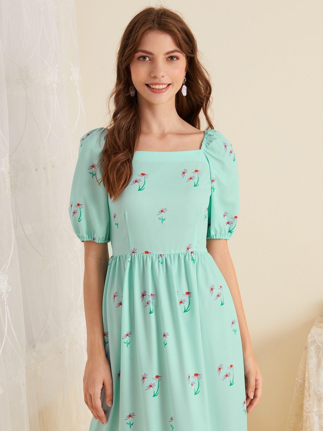 Floral Square Neck Puff Sleeve Ruffle Hem Dress