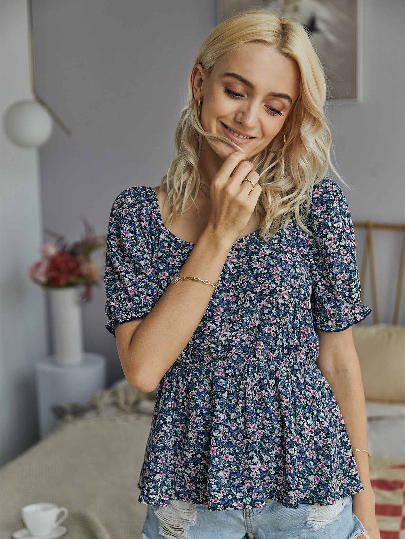 Ditsy Floral Ruffle Hem Peplum Blouse