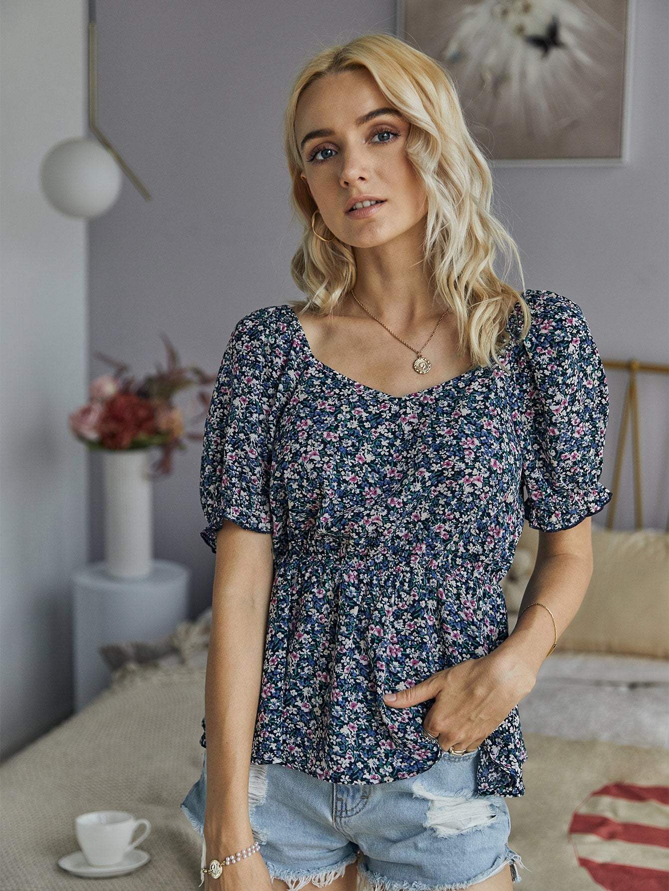 Ditsy Floral Ruffle Hem Peplum Blouse
