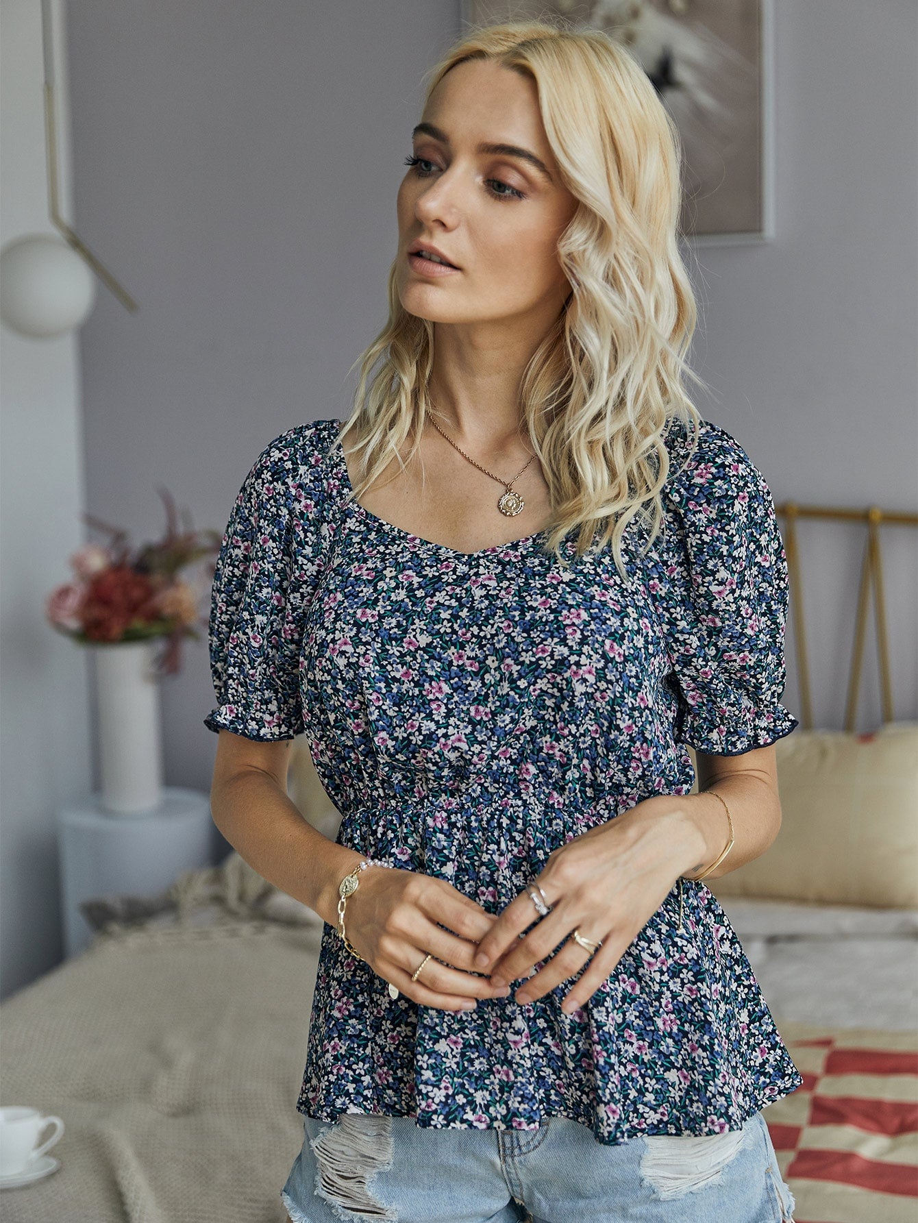 Ditsy Floral Ruffle Hem Peplum Blouse