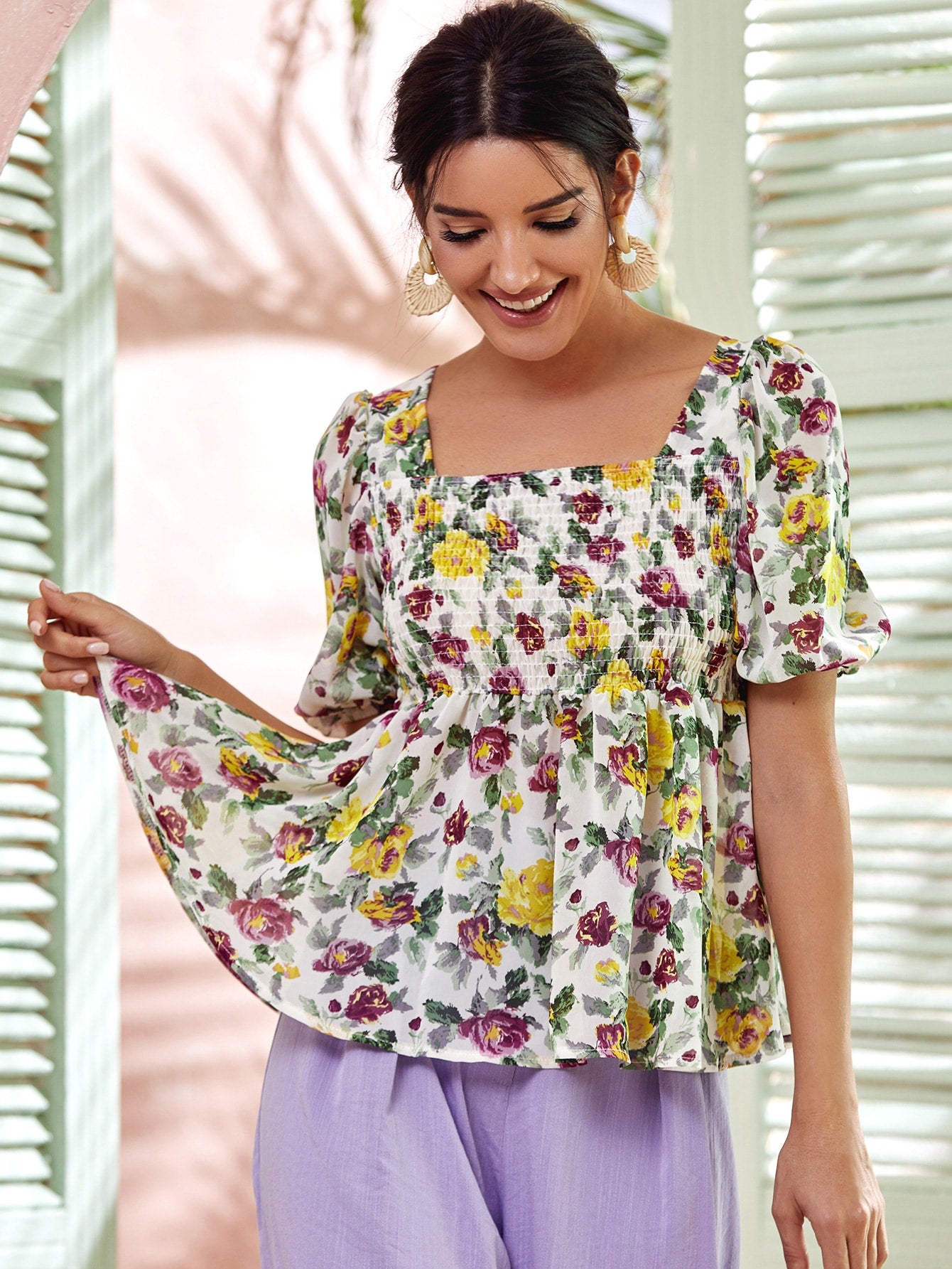 Allover Floral Shirred Peplum Blouse