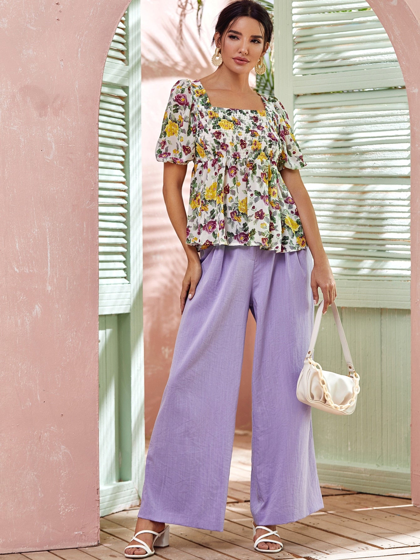 Allover Floral Shirred Peplum Blouse