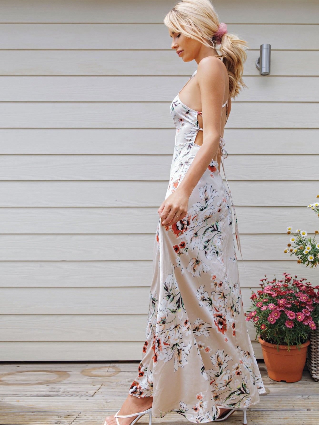 Lace Up Backless Floral Print Slip Dress